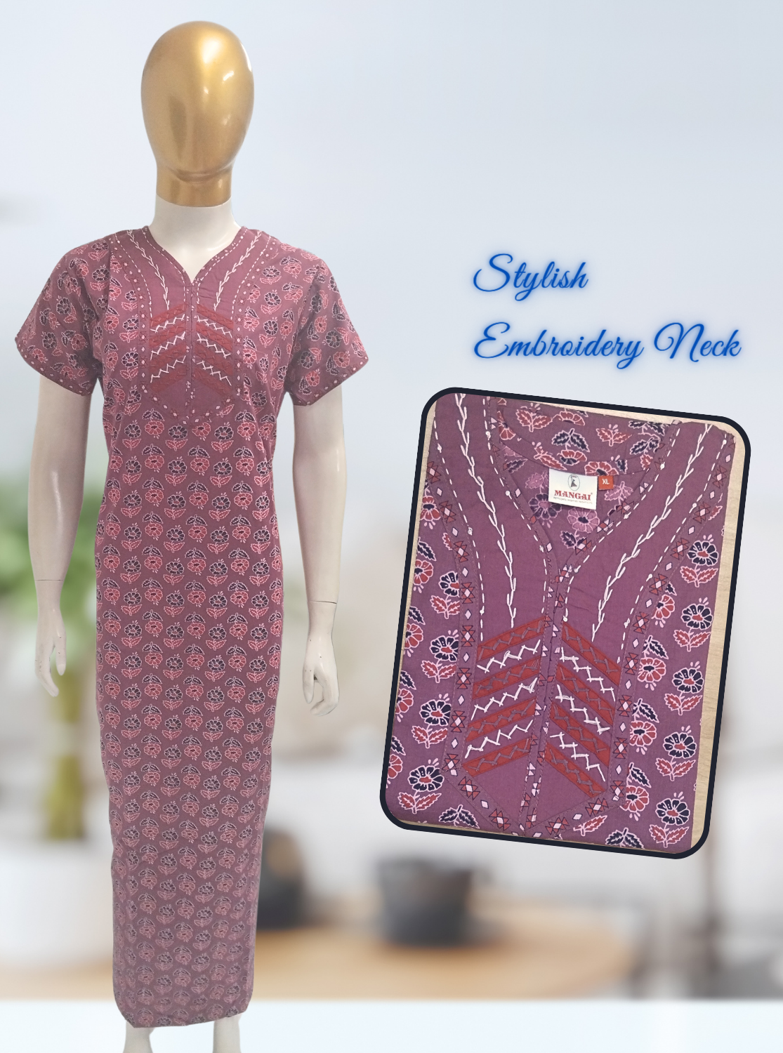 MANGAI New Collection Premium Cotton Embroidery Printed Nighties- All Over Printed Stylish Nightwear for Stylish Women | Trendy Embroidery Neck | Pleated Model (HMS)