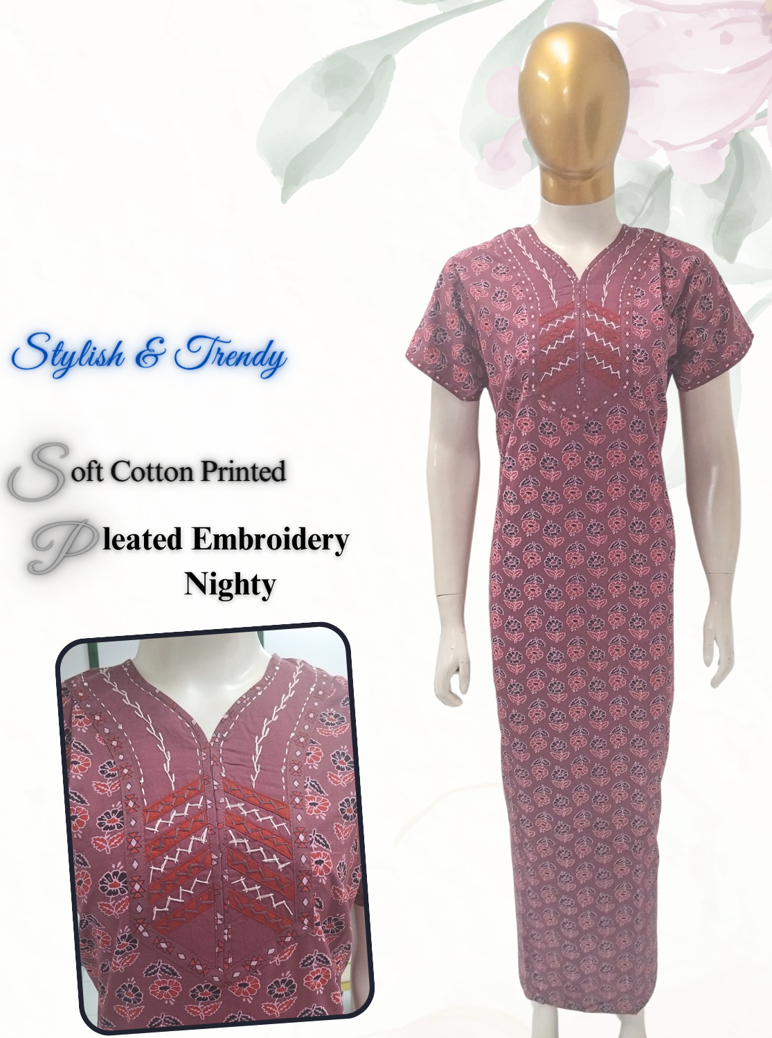 MANGAI New Collection Premium Cotton Embroidery Printed Nighties- All Over Printed Stylish Nightwear for Stylish Women | Trendy Embroidery Neck | Pleated Model (HMS)