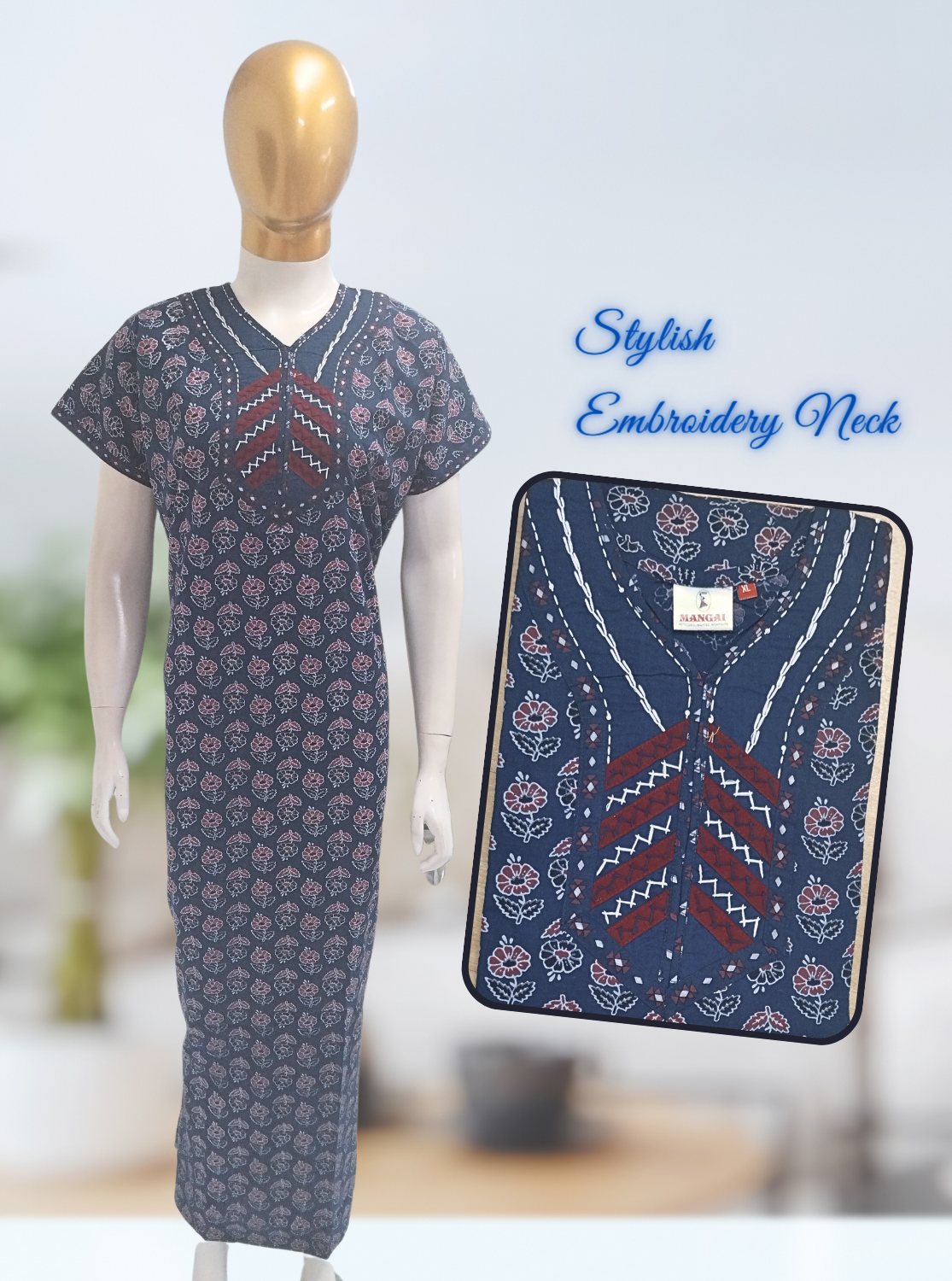 MANGAI New Collection Premium Cotton Embroidery Printed Nighties- All Over Printed Stylish Nightwear for Stylish Women | Trendy Embroidery Neck | Pleated Model (HMS)