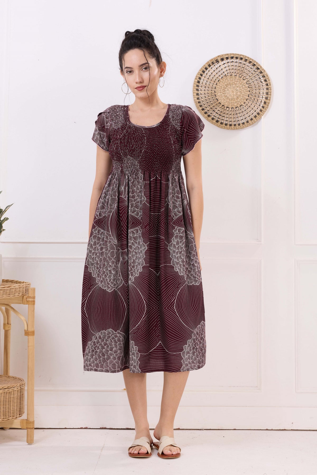 MANGAI Premium Rayon MAXI Frock Smocking Night Gown | Stretchable & Comfort Fit | Fancy Pleated Style with Side Pocket | Round Neck Nightwear for Stylish Women (SRM)