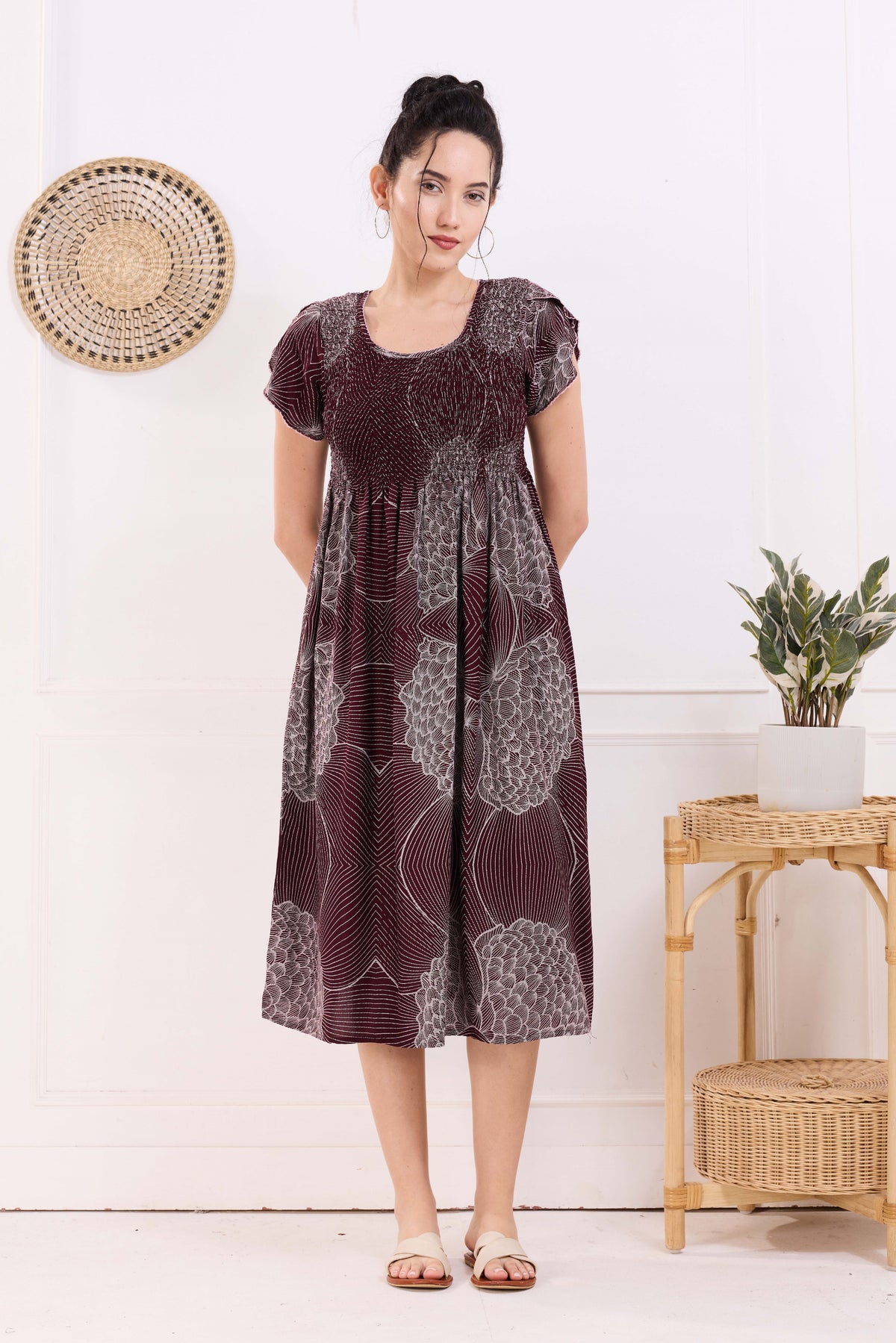 MANGAI Premium Rayon MAXI Frock Smocking Night Gown | Stretchable & Comfort Fit | Fancy Pleated Style with Side Pocket | Round Neck Nightwear for Stylish Women (SRM)