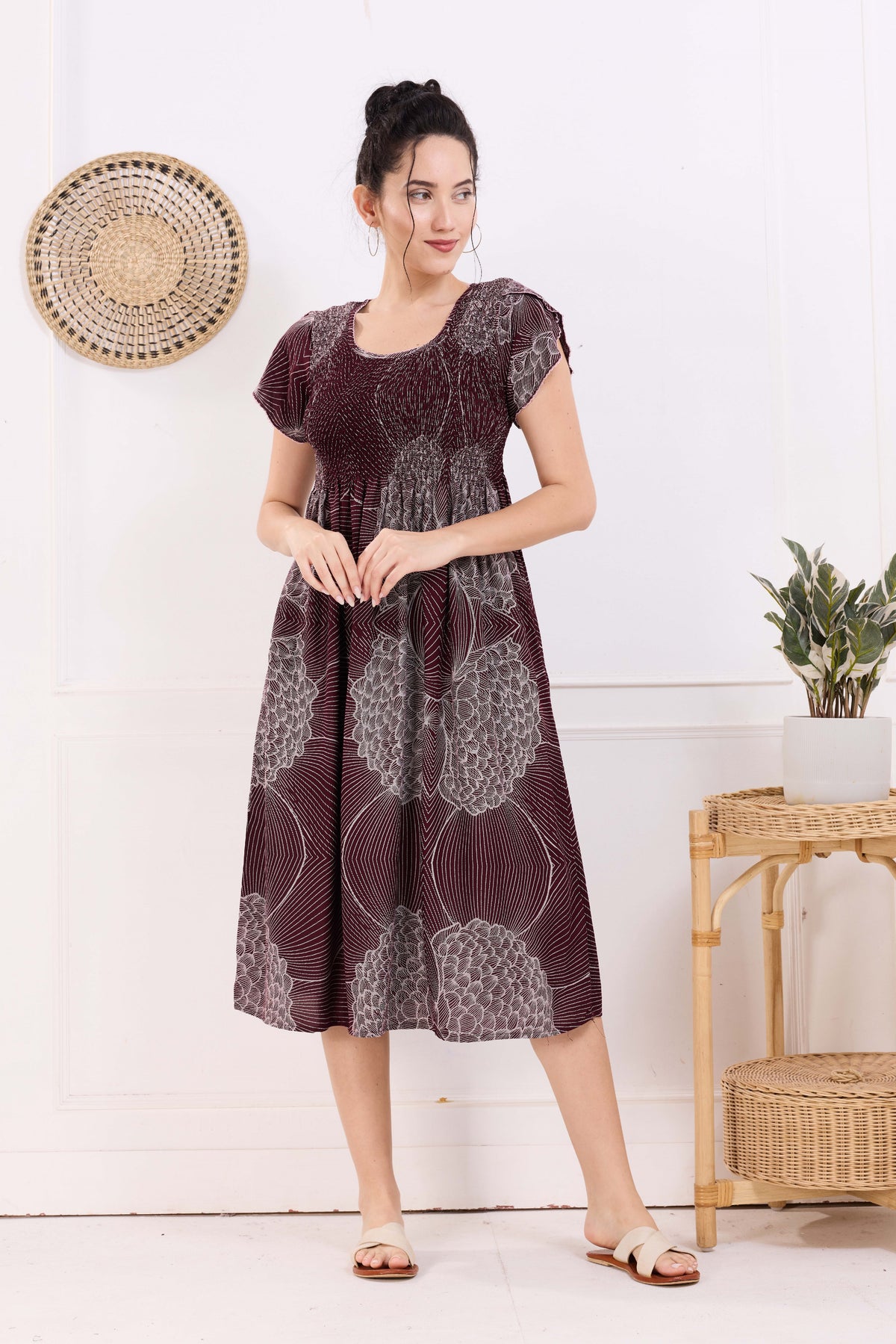 MANGAI Premium Rayon MAXI Frock Smocking Night Gown | Stretchable & Comfort Fit | Fancy Pleated Style with Side Pocket | Round Neck Nightwear for Stylish Women (SRM)