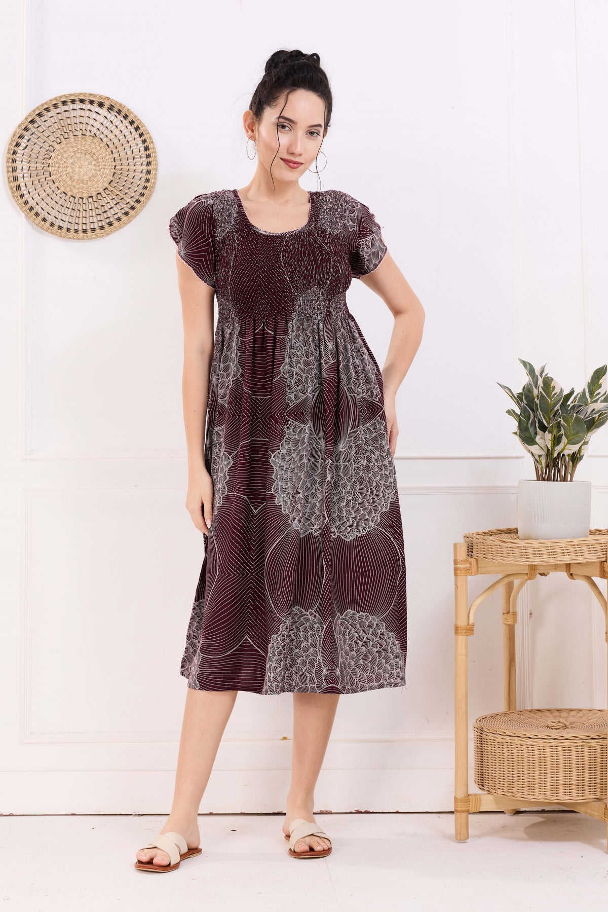 MANGAI Premium Rayon MAXI Frock Smocking Night Gown | Stretchable & Comfort Fit | Fancy Pleated Style with Side Pocket | Round Neck Nightwear for Stylish Women (SRM)