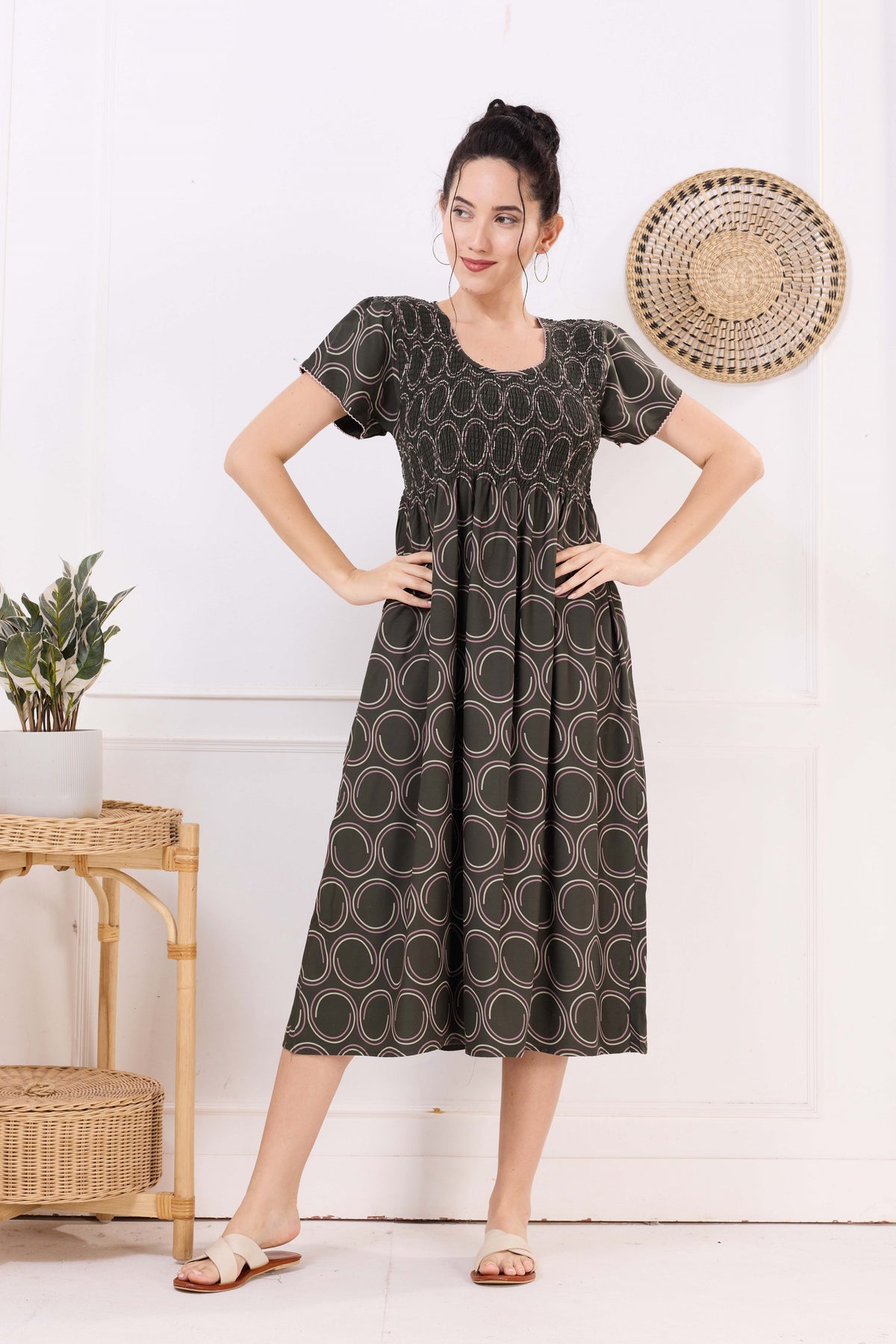 MANGAI Premium Rayon MAXI Frock Smocking Night Gown | Stretchable & Comfort Fit | Fancy Pleated Style with Side Pocket | Round Neck Nightwear for Stylish Women (SRM)