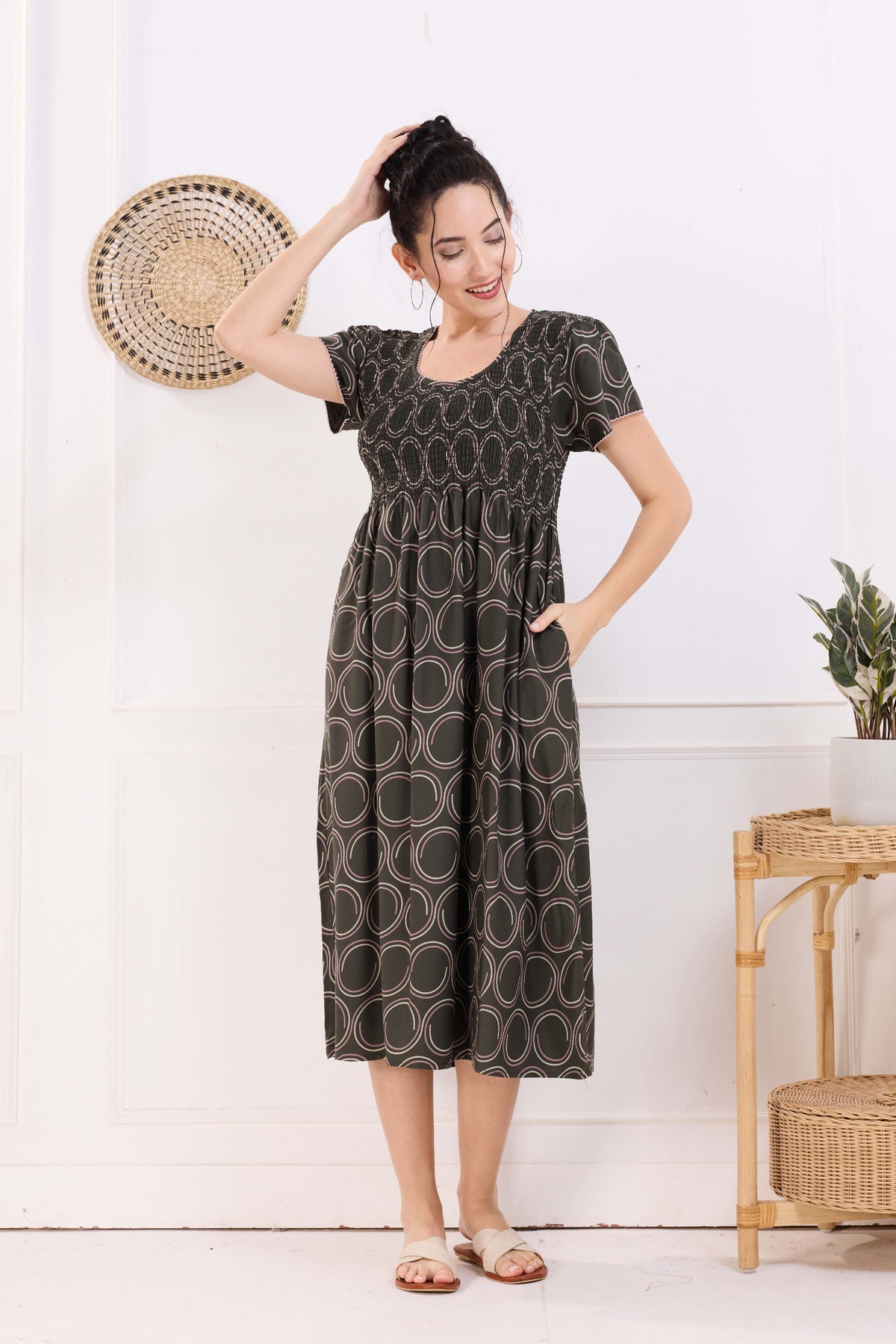 MANGAI Premium Rayon MAXI Frock Smocking Night Gown | Stretchable & Comfort Fit | Fancy Pleated Style with Side Pocket | Round Neck Nightwear for Stylish Women (SRM)