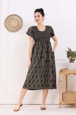 MANGAI Premium Rayon MAXI Frock Smocking Night Gown | Stretchable & Comfort Fit | Fancy Pleated Style with Side Pocket | Round Neck Nightwear for Stylish Women (SRM)