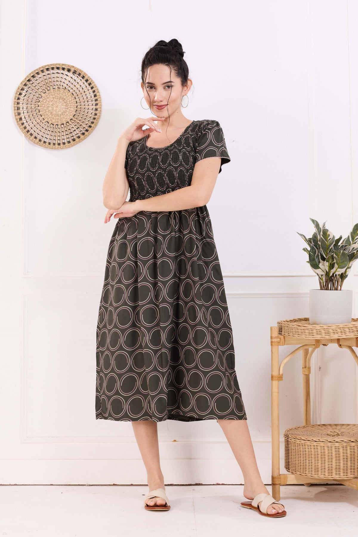MANGAI Premium Rayon MAXI Frock Smocking Night Gown | Stretchable & Comfort Fit | Fancy Pleated Style with Side Pocket | Round Neck Nightwear for Stylish Women (SRM)
