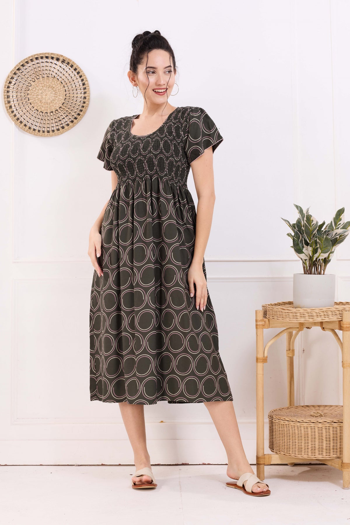 MANGAI Premium Rayon MAXI Frock Smocking Night Gown | Stretchable & Comfort Fit | Fancy Pleated Style with Side Pocket | Round Neck Nightwear for Stylish Women (SRM)