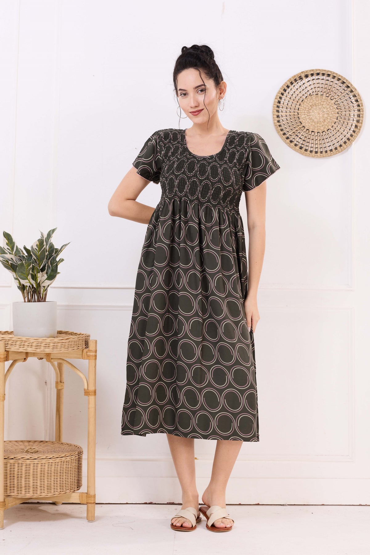MANGAI Premium Rayon MAXI Frock Smocking Night Gown | Stretchable & Comfort Fit | Fancy Pleated Style with Side Pocket | Round Neck Nightwear for Stylish Women (SRM)