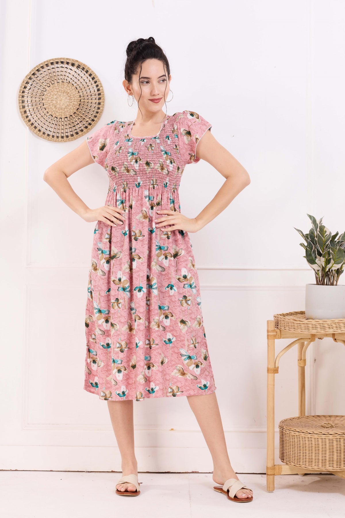 MANGAI Premium Rayon MAXI Frock Smocking Night Gown | Stretchable & Comfort Fit | Fancy Pleated Style with Side Pocket | Round Neck Nightwear for Stylish Women (SRM)
