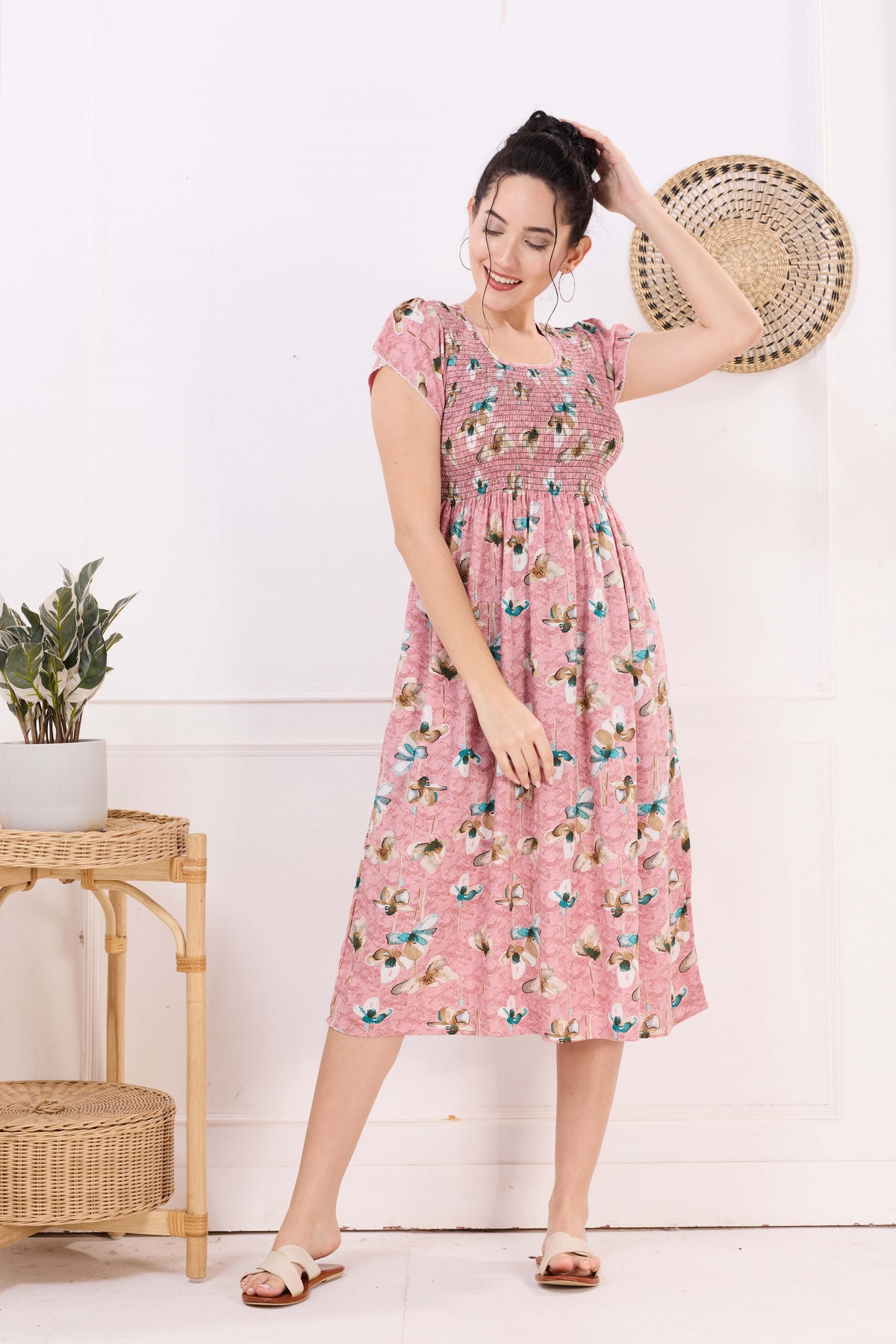 MANGAI Premium Rayon MAXI Frock Smocking Night Gown | Stretchable & Comfort Fit | Fancy Pleated Style with Side Pocket | Round Neck Nightwear for Stylish Women (SRM)