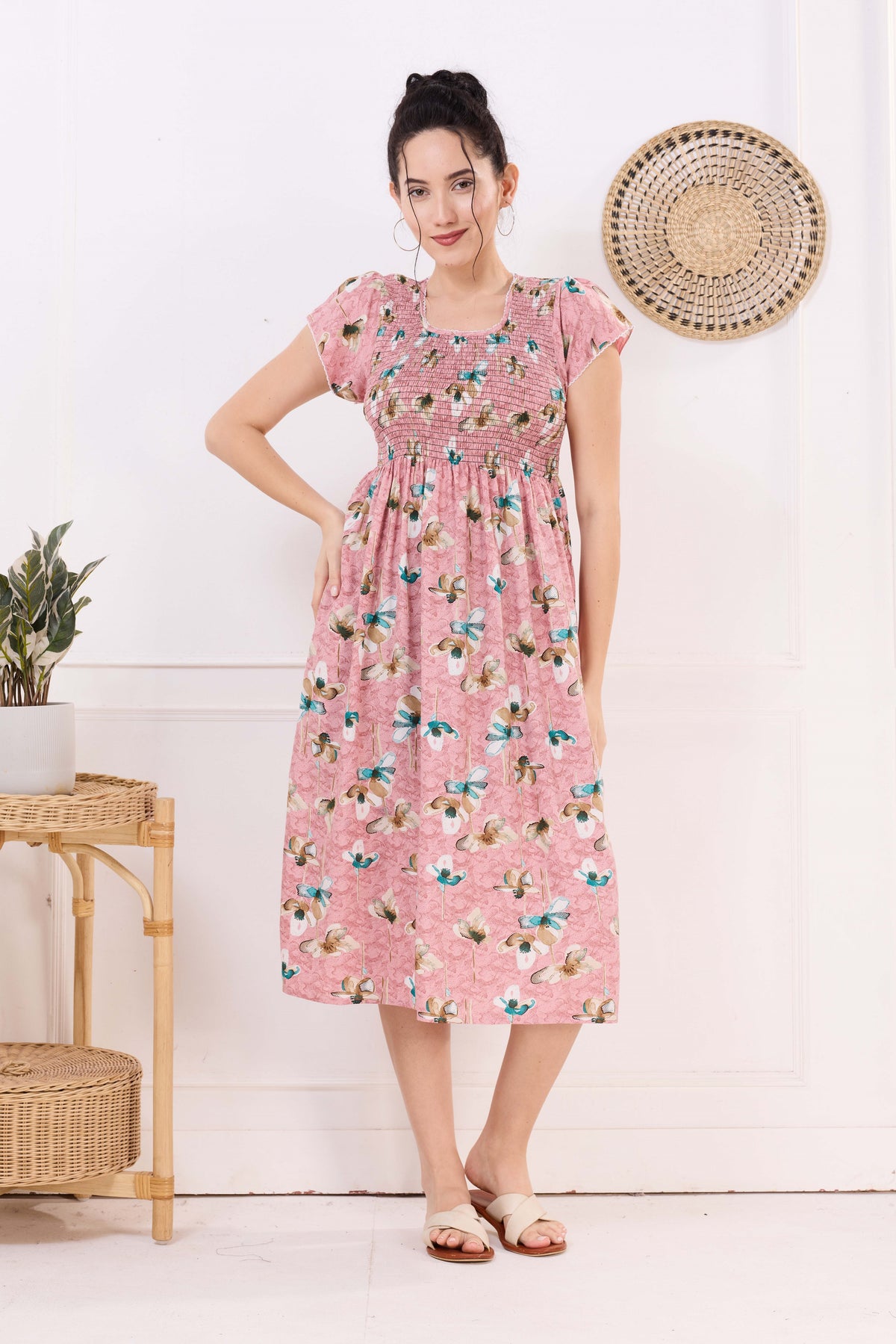 MANGAI Premium Rayon MAXI Frock Smocking Night Gown | Stretchable & Comfort Fit | Fancy Pleated Style with Side Pocket | Round Neck Nightwear for Stylish Women (SRM)