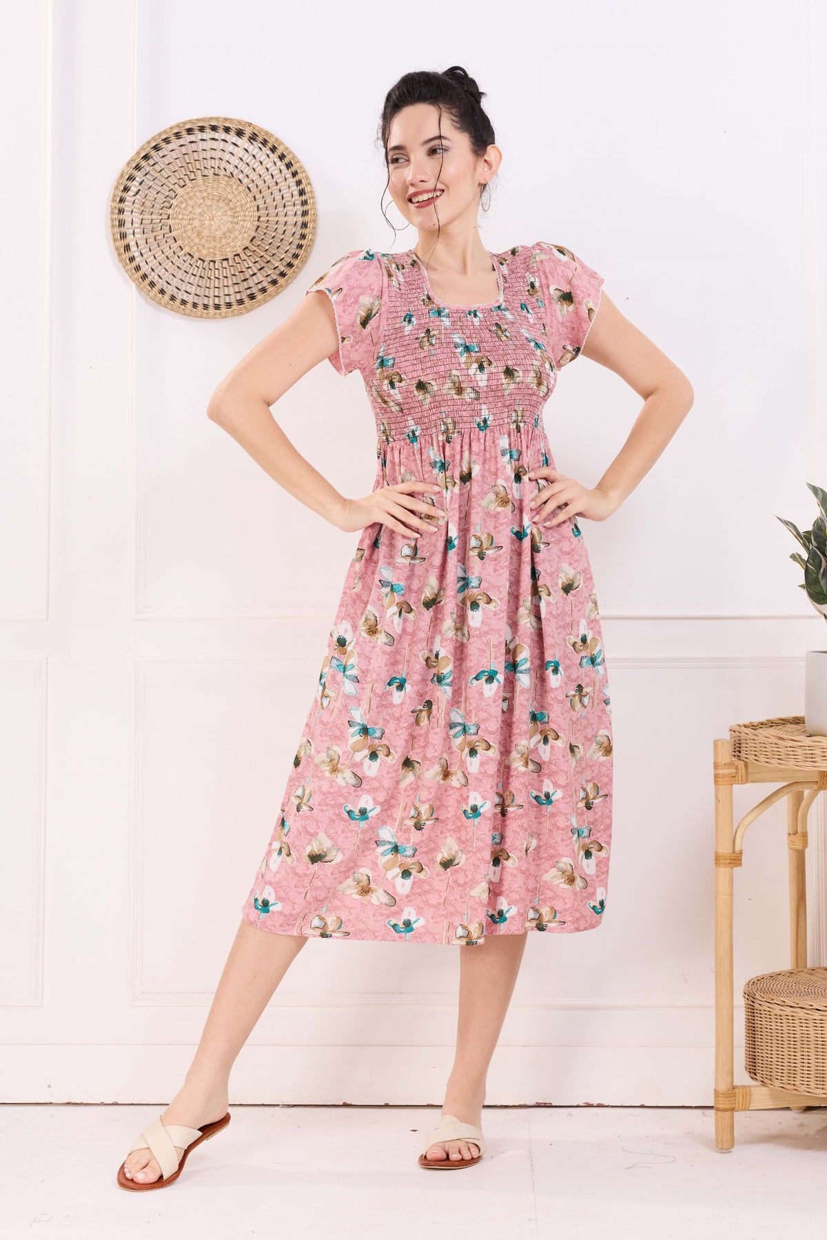 MANGAI Premium Rayon MAXI Frock Smocking Night Gown | Stretchable & Comfort Fit | Fancy Pleated Style with Side Pocket | Round Neck Nightwear for Stylish Women (SRM)