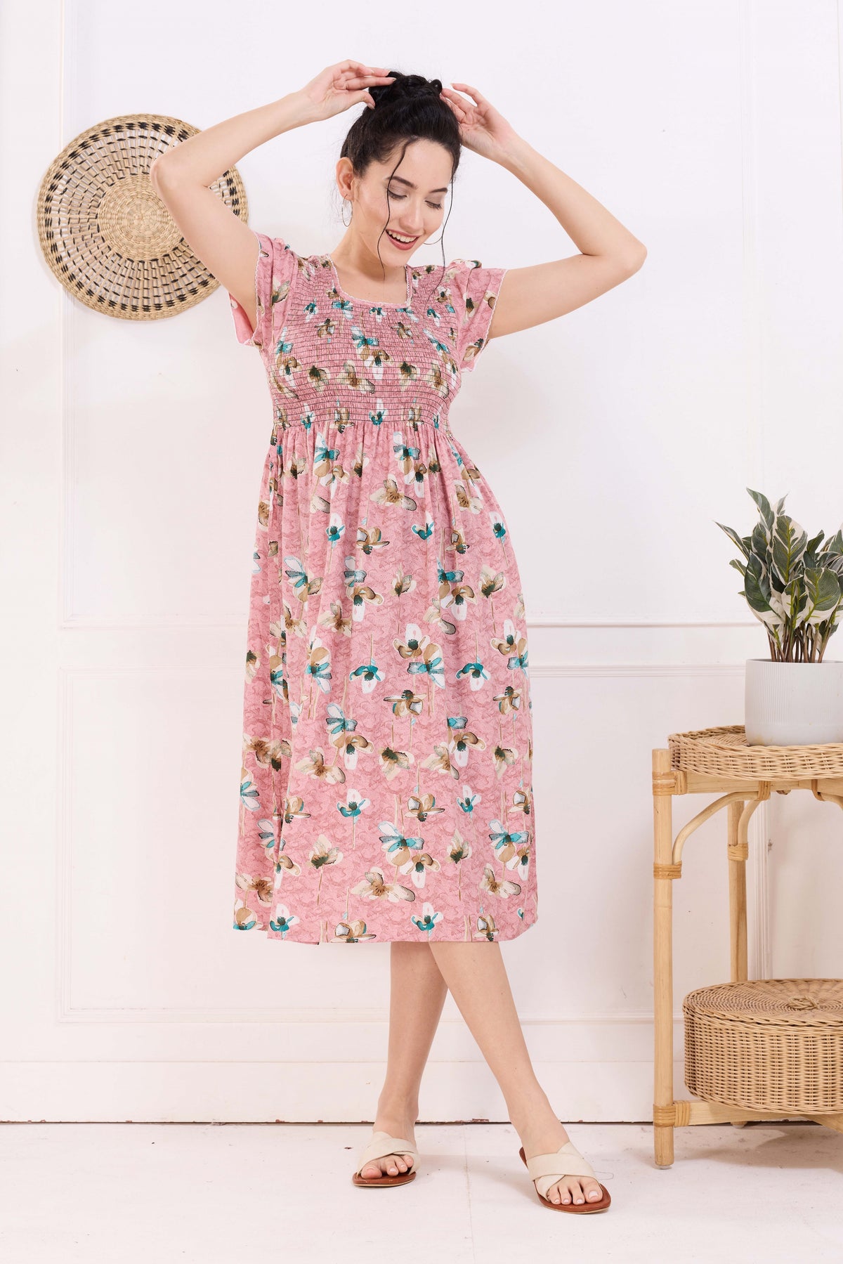 MANGAI Premium Rayon MAXI Frock Smocking Night Gown | Stretchable & Comfort Fit | Fancy Pleated Style with Side Pocket | Round Neck Nightwear for Stylish Women (SRM)