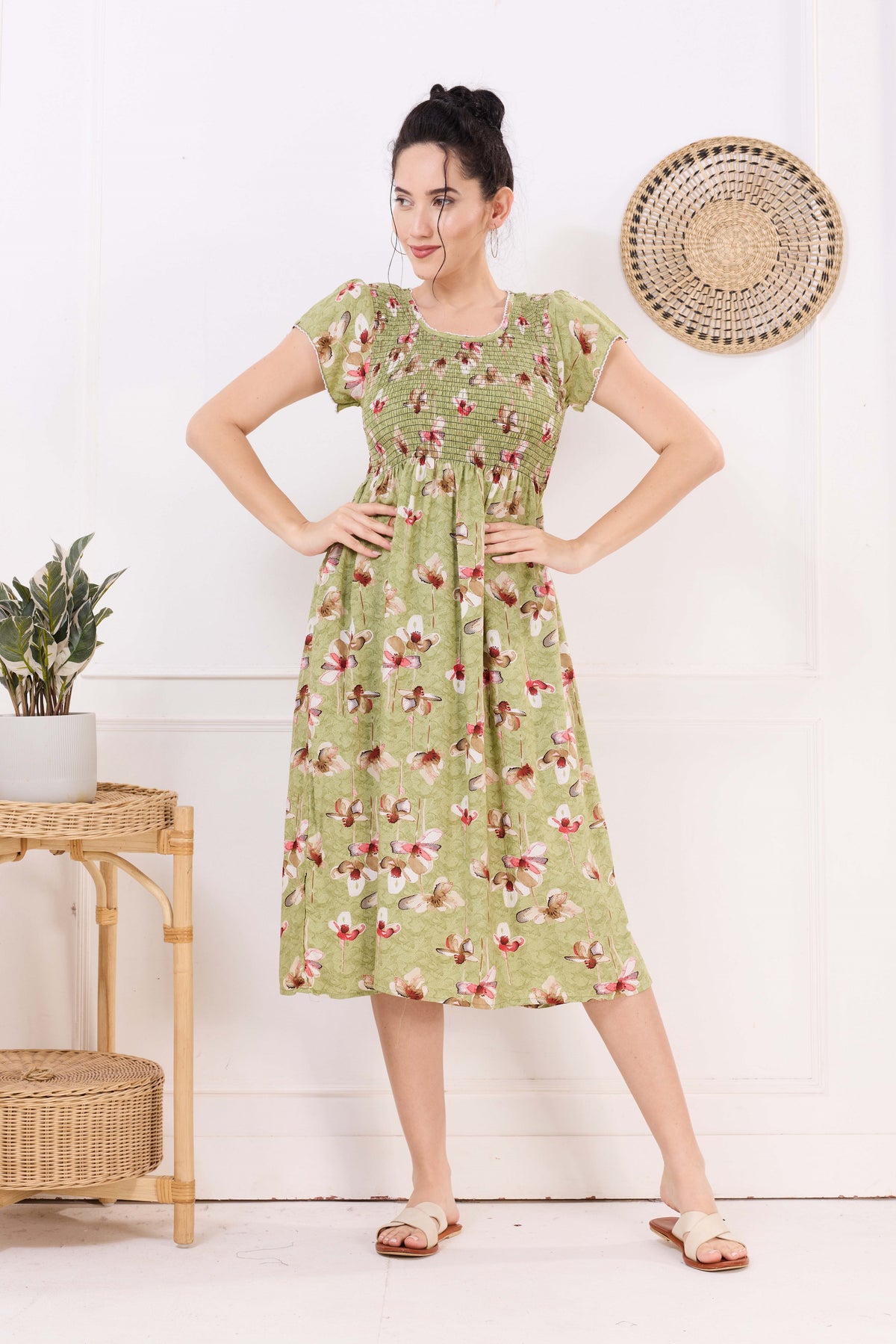 MANGAI Premium Rayon MAXI Frock Smocking Night Gown | Stretchable & Comfort Fit | Fancy Pleated Style with Side Pocket | Round Neck Nightwear for Stylish Women (SRM)