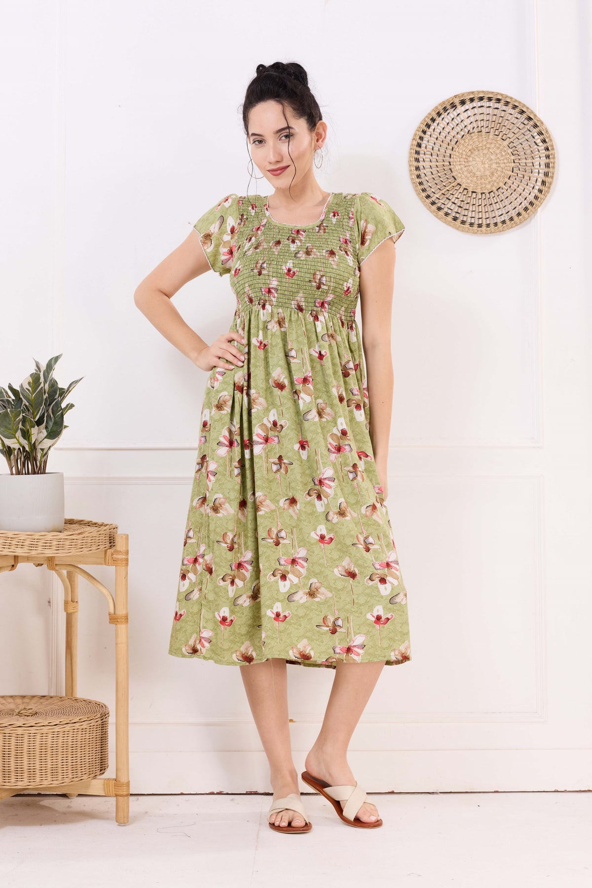 MANGAI Premium Rayon MAXI Frock Smocking Night Gown | Stretchable & Comfort Fit | Fancy Pleated Style with Side Pocket | Round Neck Nightwear for Stylish Women (SRM)