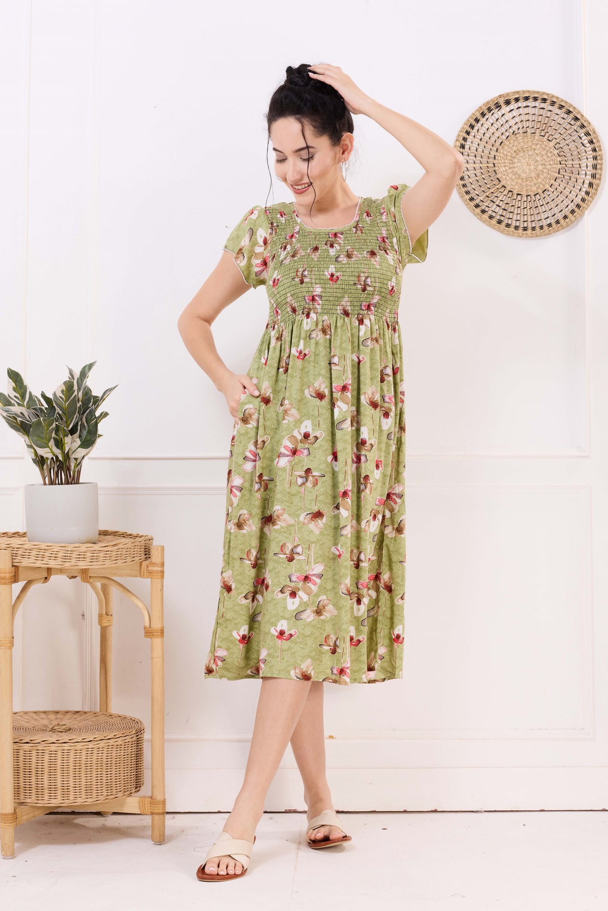 MANGAI Premium Rayon MAXI Frock Smocking Night Gown | Stretchable & Comfort Fit | Fancy Pleated Style with Side Pocket | Round Neck Nightwear for Stylish Women (SRM)