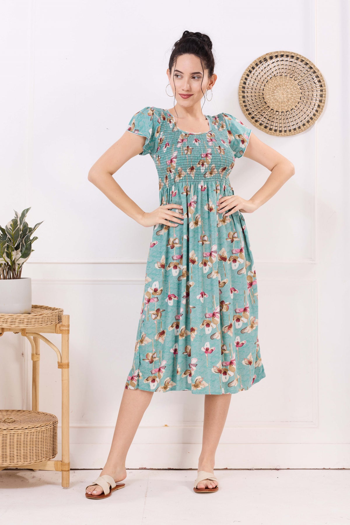 MANGAI Premium Rayon MAXI Frock Smocking Night Gown | Stretchable & Comfort Fit | Fancy Pleated Style with Side Pocket | Round Neck Nightwear for Stylish Women (SRM)