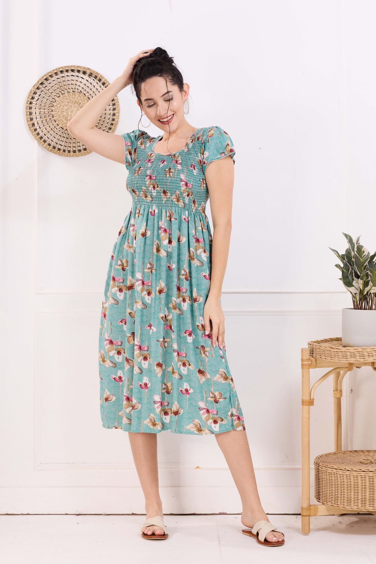 MANGAI Premium Rayon MAXI Frock Smocking Night Gown | Stretchable & Comfort Fit | Fancy Pleated Style with Side Pocket | Round Neck Nightwear for Stylish Women (SRM)