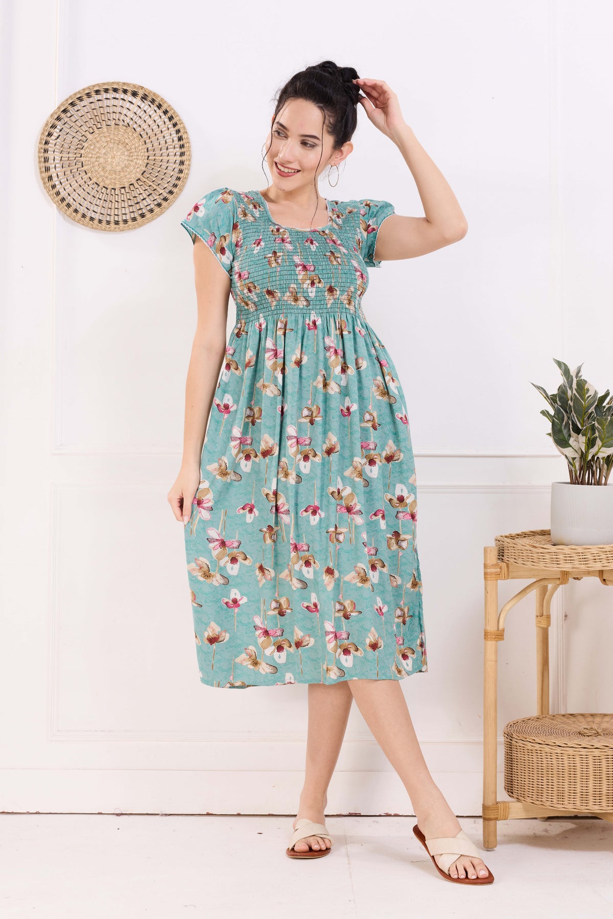MANGAI Premium Rayon MAXI Frock Smocking Night Gown | Stretchable & Comfort Fit | Fancy Pleated Style with Side Pocket | Round Neck Nightwear for Stylish Women (SRM)