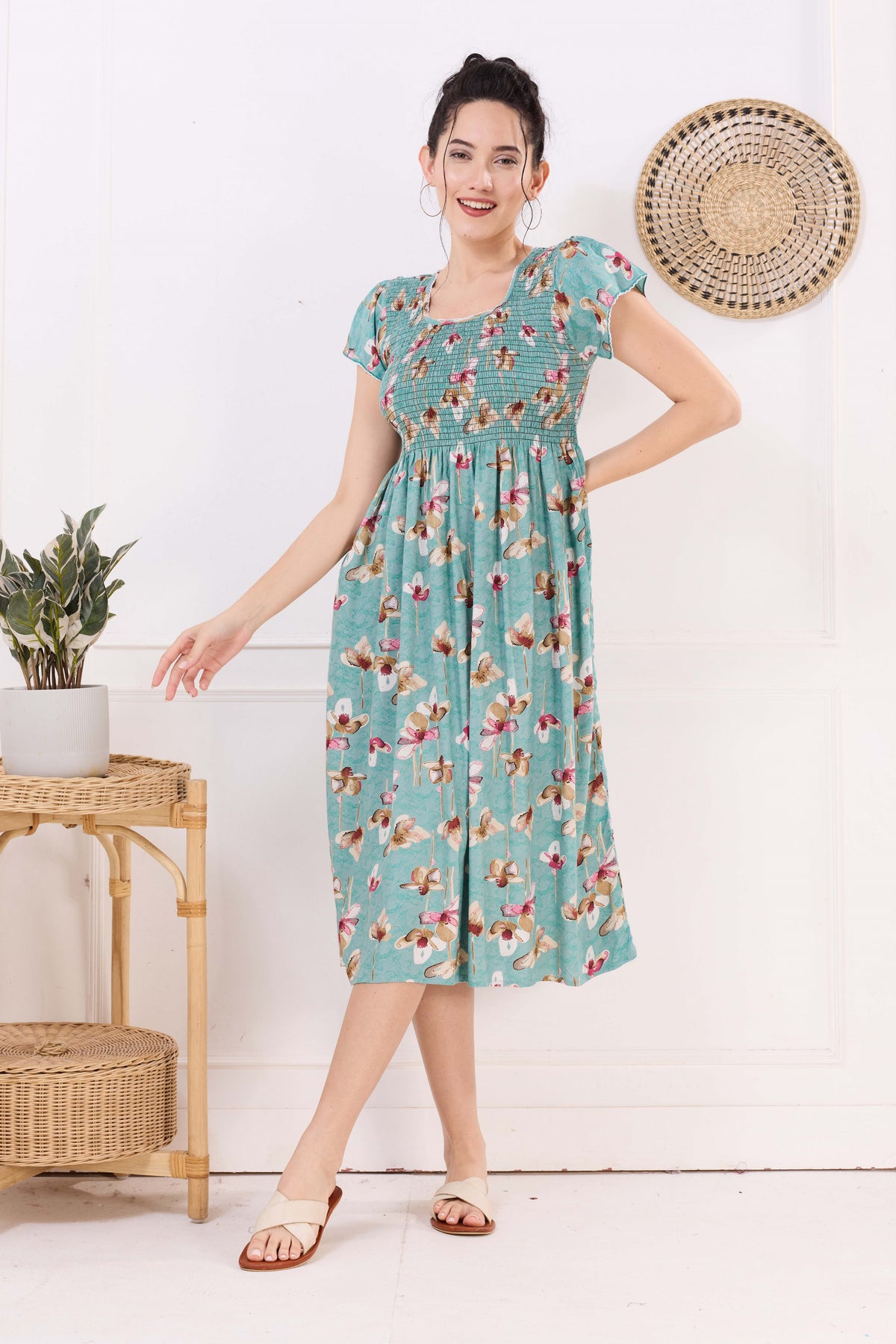 MANGAI Premium Rayon MAXI Frock Smocking Night Gown | Stretchable & Comfort Fit | Fancy Pleated Style with Side Pocket | Round Neck Nightwear for Stylish Women (SRM)