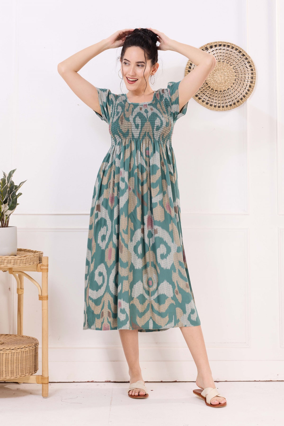 MANGAI Premium Rayon MAXI Frock Smocking Night Gown | Stretchable & Comfort Fit | Fancy Pleated Style with Side Pocket | Round Neck Nightwear for Stylish Women (SRM)