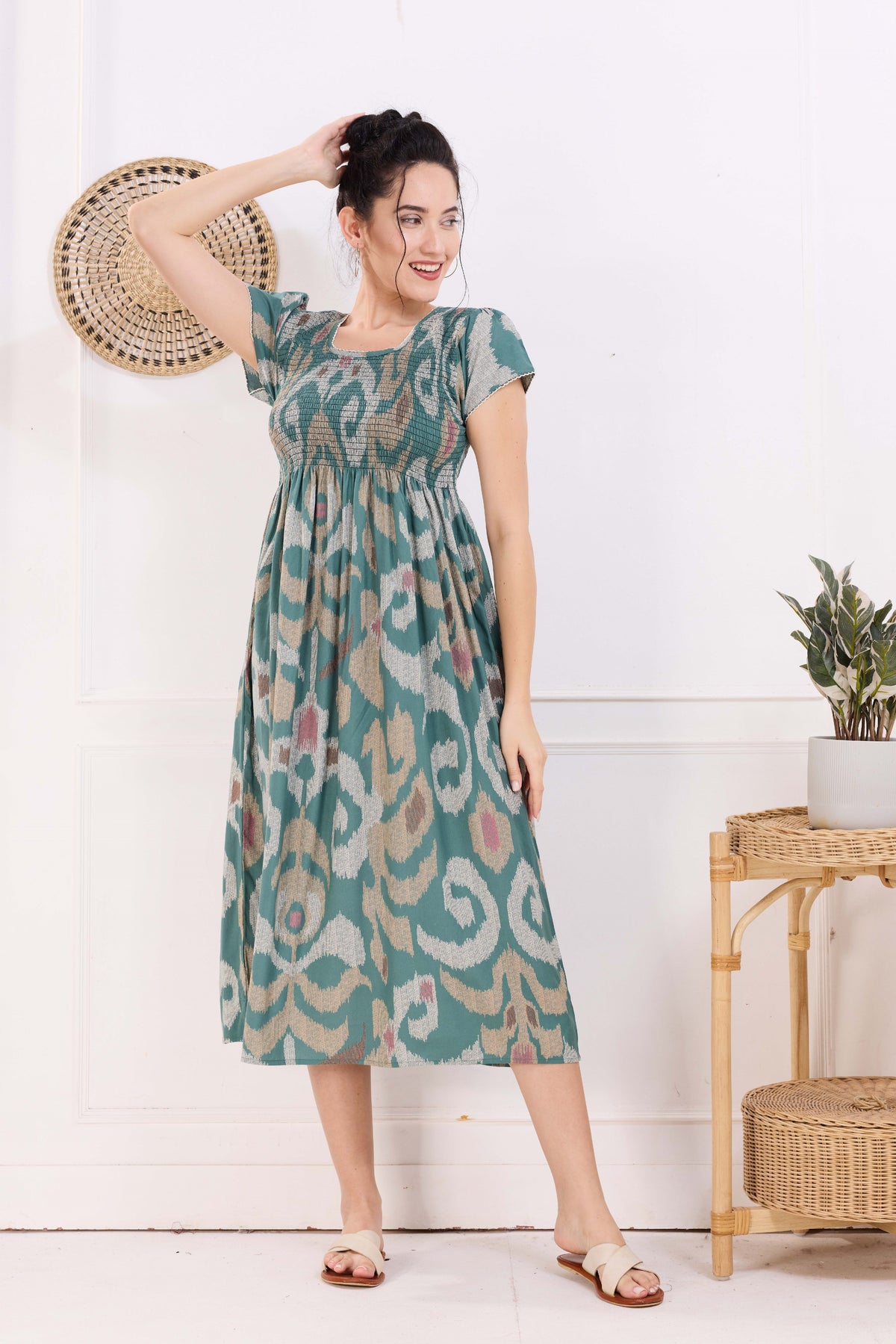 MANGAI Premium Rayon MAXI Frock Smocking Night Gown | Stretchable & Comfort Fit | Fancy Pleated Style with Side Pocket | Round Neck Nightwear for Stylish Women (SRM)