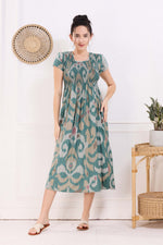 MANGAI Premium Rayon MAXI Frock Smocking Night Gown | Stretchable & Comfort Fit | Fancy Pleated Style with Side Pocket | Round Neck Nightwear for Stylish Women (SRM)