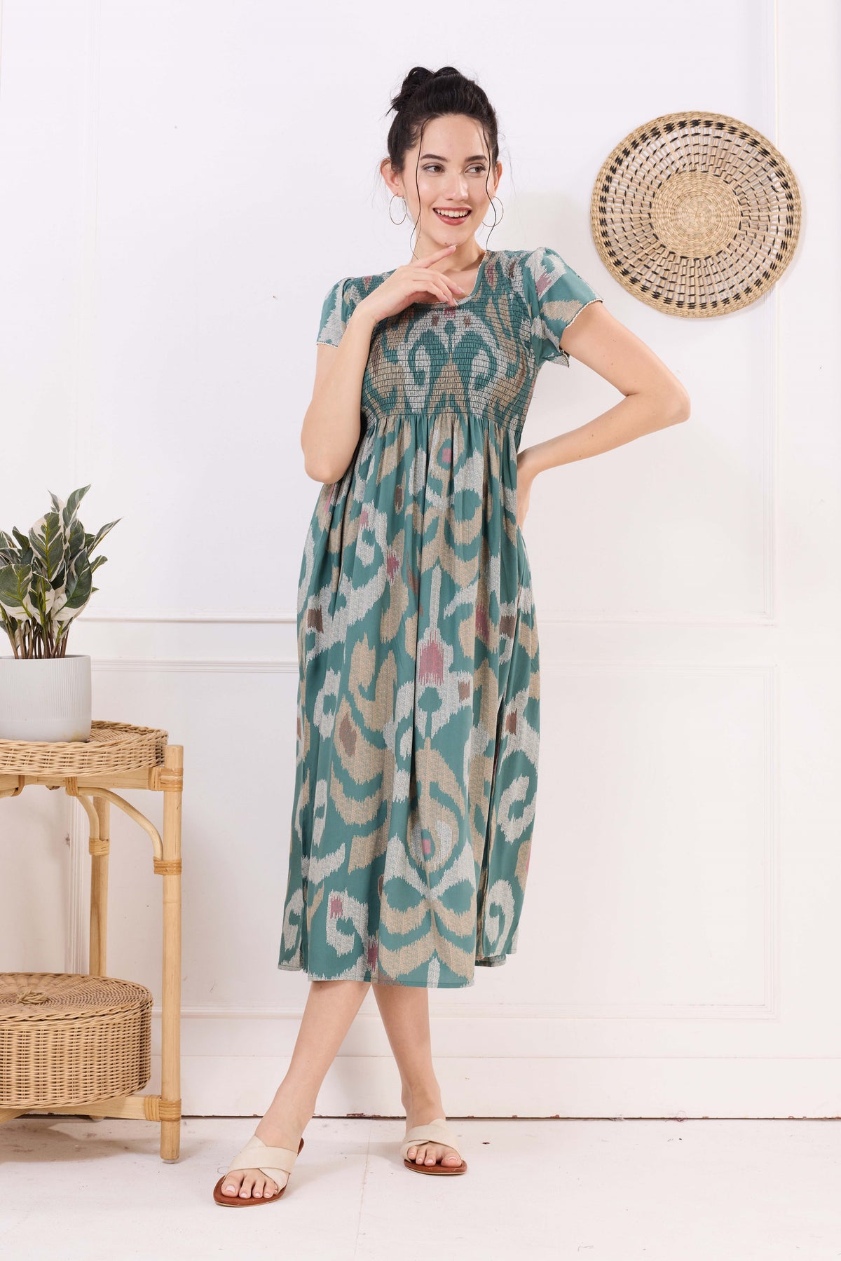 MANGAI Premium Rayon MAXI Frock Smocking Night Gown | Stretchable & Comfort Fit | Fancy Pleated Style with Side Pocket | Round Neck Nightwear for Stylish Women (SRM)