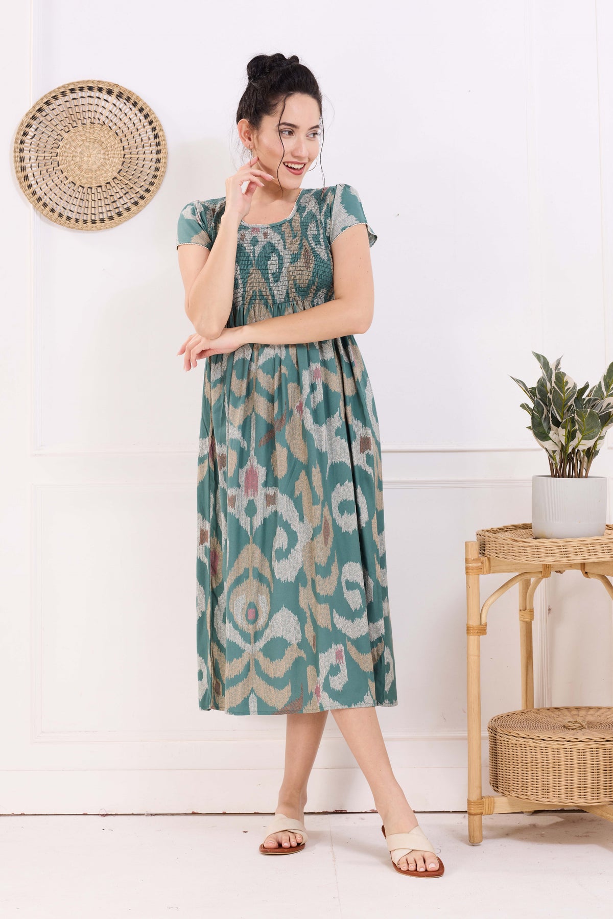 MANGAI Premium Rayon MAXI Frock Smocking Night Gown | Stretchable & Comfort Fit | Fancy Pleated Style with Side Pocket | Round Neck Nightwear for Stylish Women (SRM)