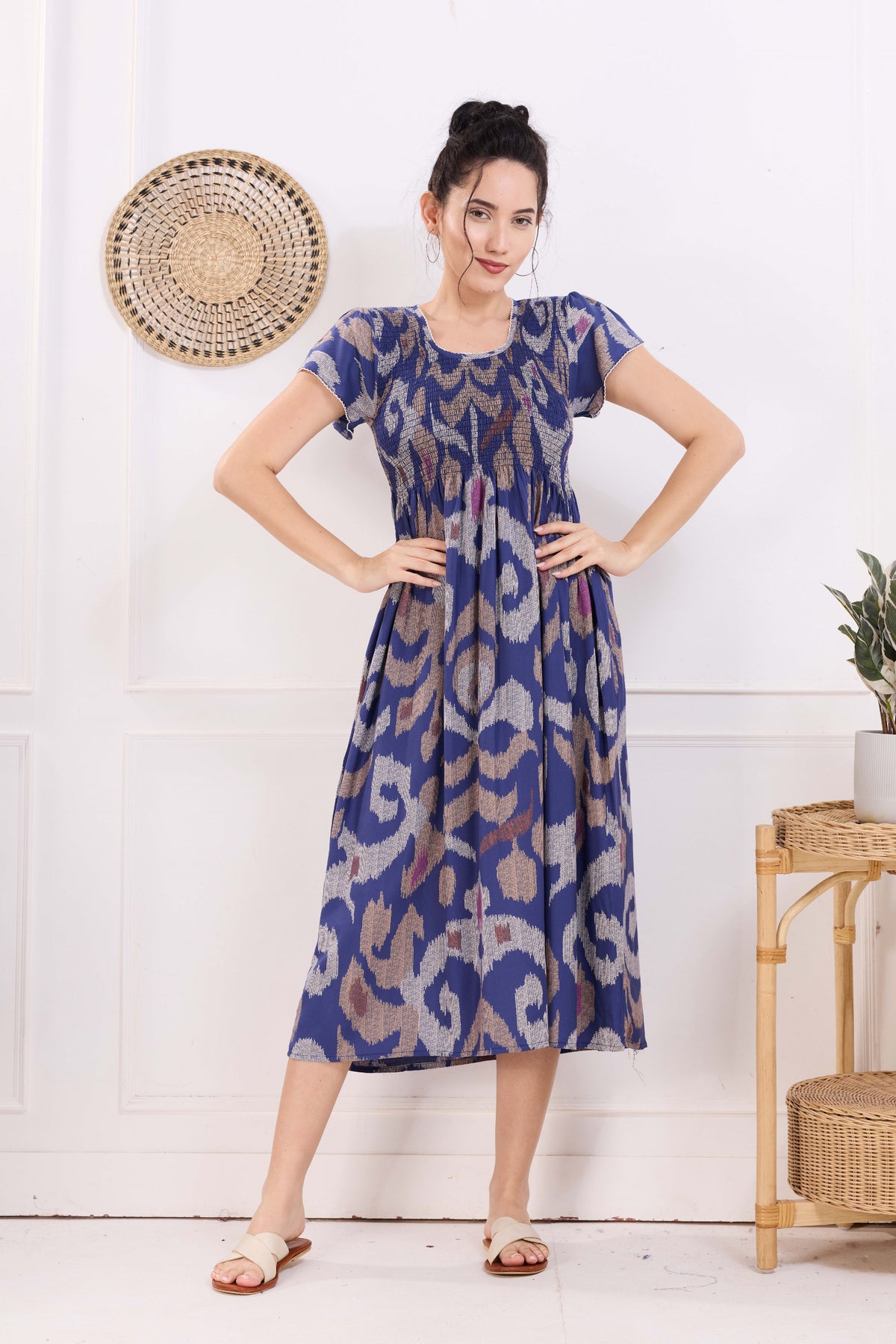 MANGAI Premium Rayon MAXI Frock Smocking Night Gown | Stretchable & Comfort Fit | Fancy Pleated Style with Side Pocket | Round Neck Nightwear for Stylish Women (SRM)