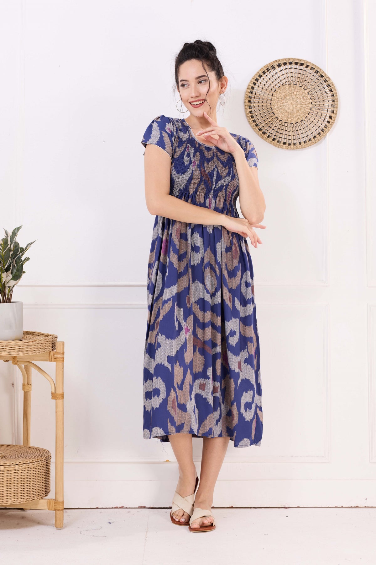 MANGAI Premium Rayon MAXI Frock Smocking Night Gown | Stretchable & Comfort Fit | Fancy Pleated Style with Side Pocket | Round Neck Nightwear for Stylish Women (SRM)