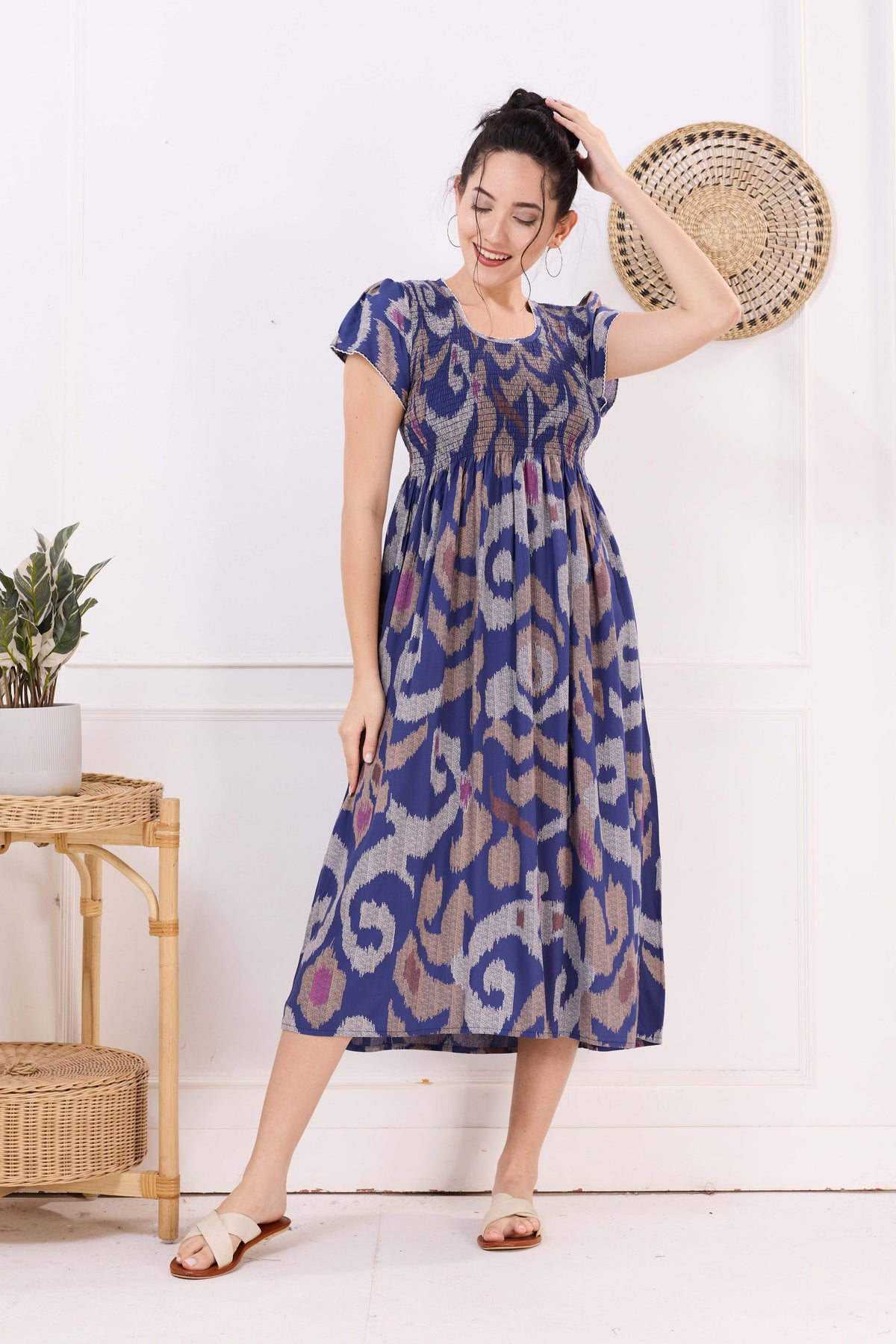 MANGAI Premium Rayon MAXI Frock Smocking Night Gown | Stretchable & Comfort Fit | Fancy Pleated Style with Side Pocket | Round Neck Nightwear for Stylish Women (SRM)