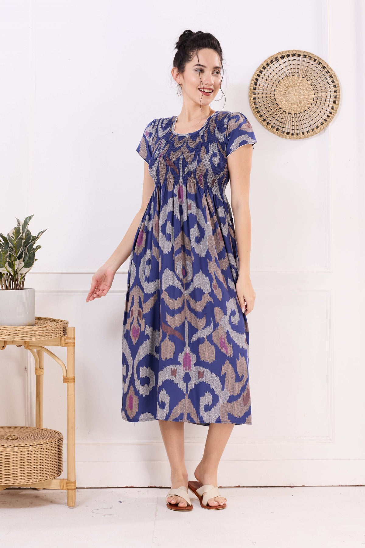 MANGAI Premium Rayon MAXI Frock Smocking Night Gown | Stretchable & Comfort Fit | Fancy Pleated Style with Side Pocket | Round Neck Nightwear for Stylish Women (SRM)