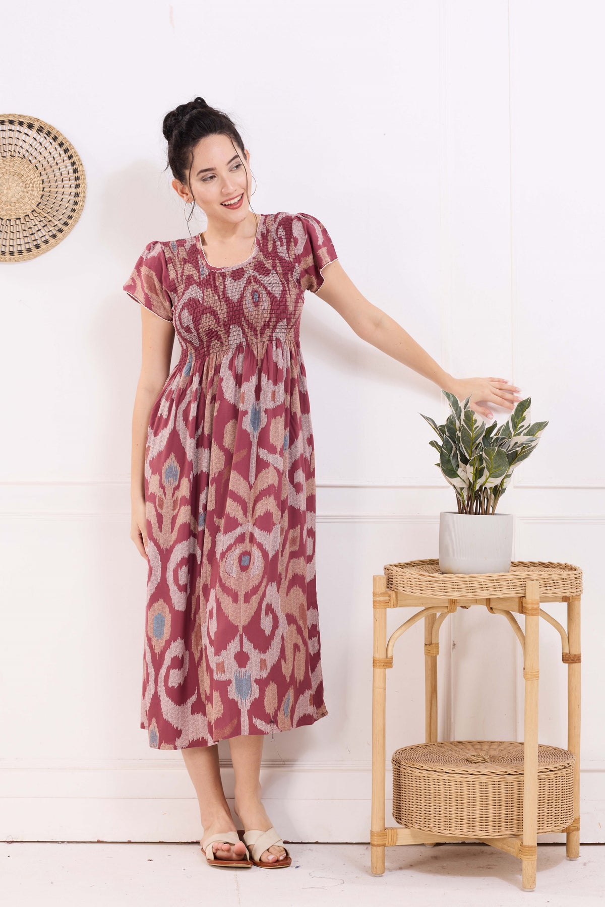 MANGAI Premium Rayon MAXI Frock Smocking Night Gown | Stretchable & Comfort Fit | Fancy Pleated Style with Side Pocket | Round Neck Nightwear for Stylish Women (SRM)