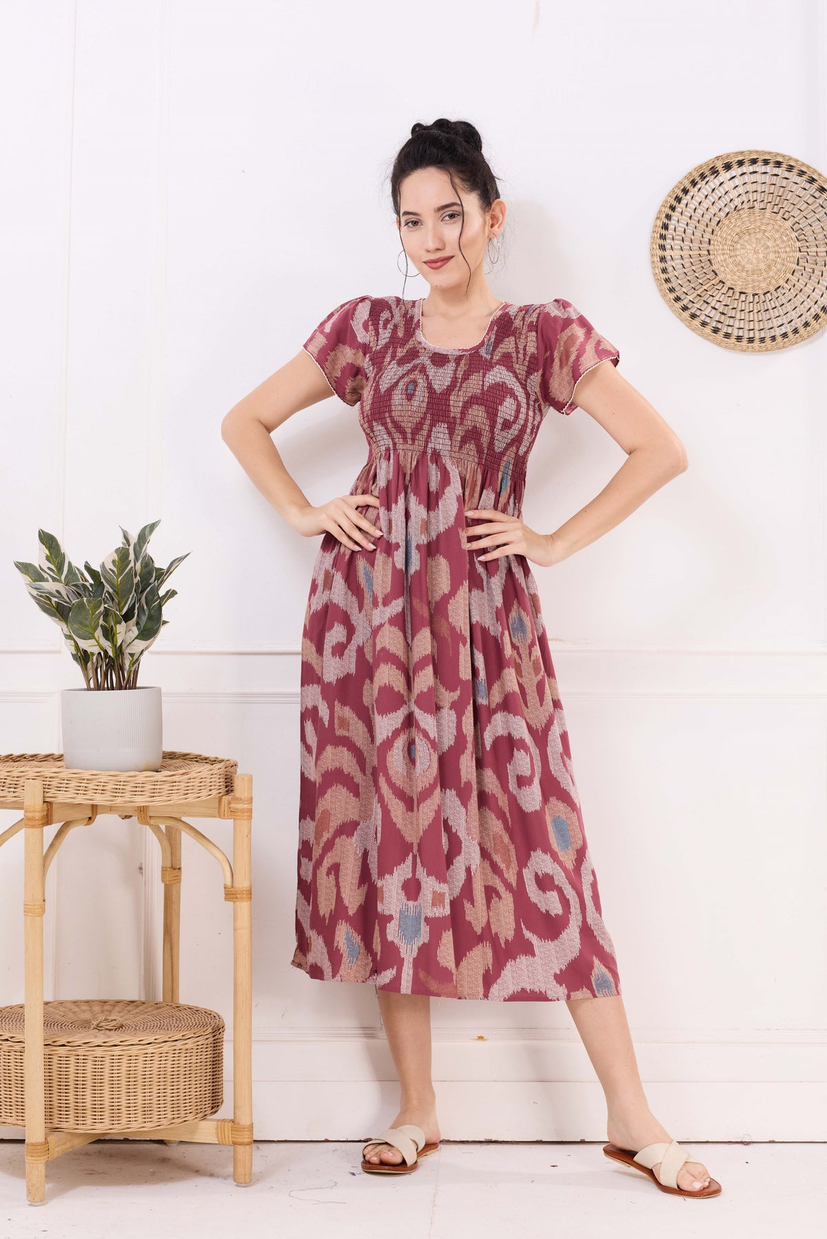 MANGAI Premium Rayon MAXI Frock Smocking Night Gown | Stretchable & Comfort Fit | Fancy Pleated Style with Side Pocket | Round Neck Nightwear for Stylish Women (SRM)
