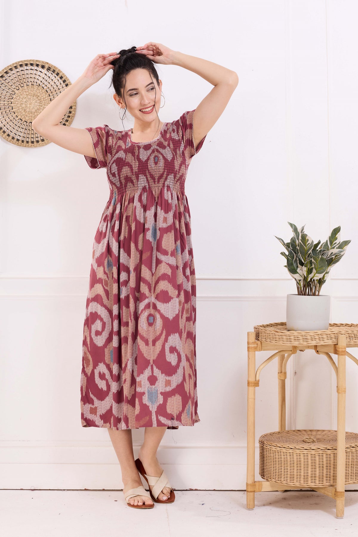 MANGAI Premium Rayon MAXI Frock Smocking Night Gown | Stretchable & Comfort Fit | Fancy Pleated Style with Side Pocket | Round Neck Nightwear for Stylish Women (SRM)