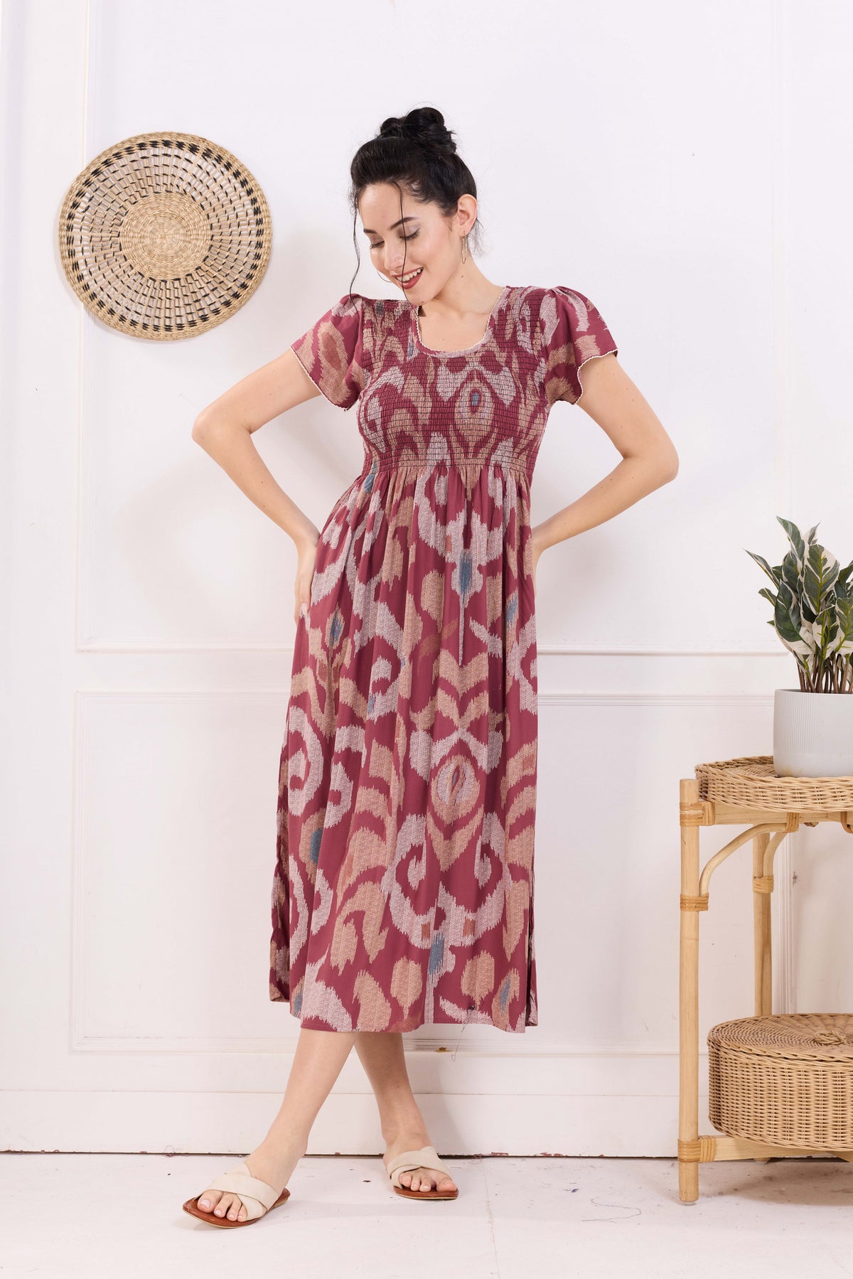 MANGAI Premium Rayon MAXI Frock Smocking Night Gown | Stretchable & Comfort Fit | Fancy Pleated Style with Side Pocket | Round Neck Nightwear for Stylish Women (SRM)