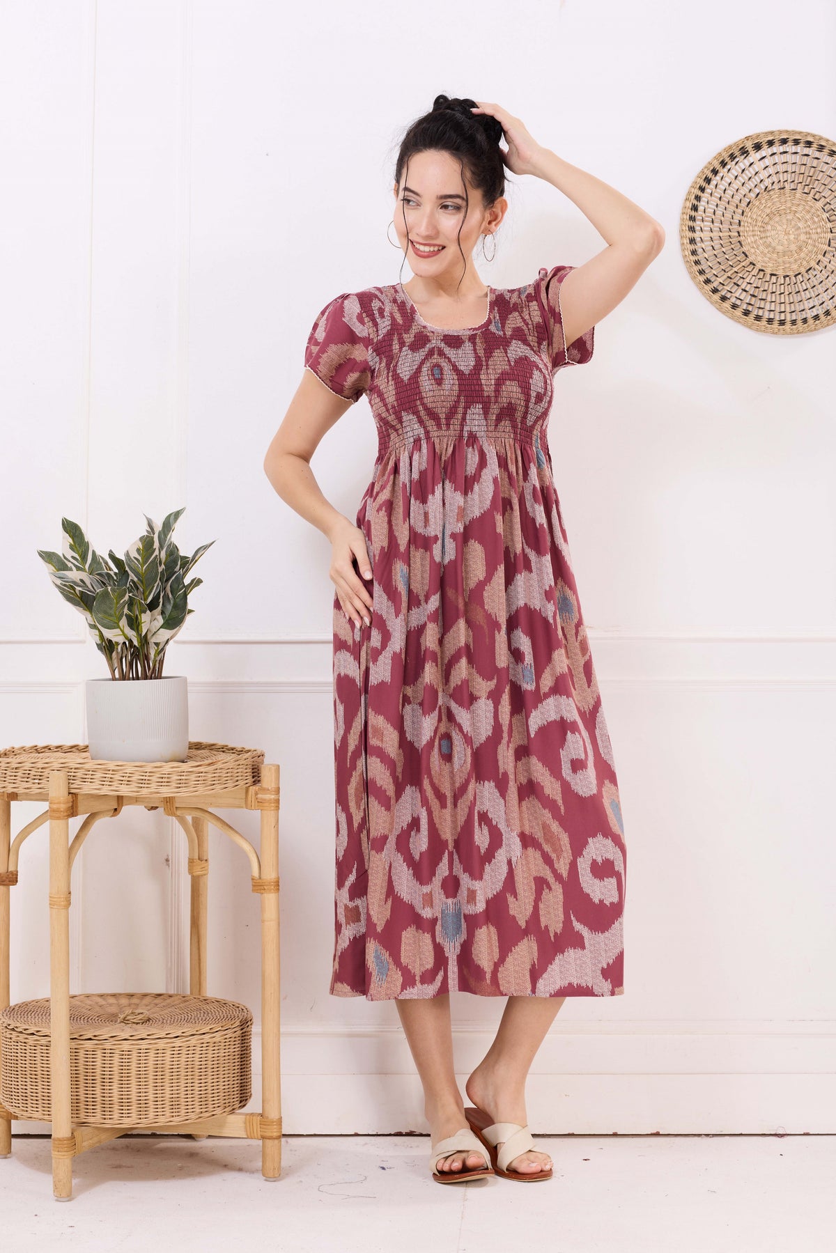 MANGAI Premium Rayon MAXI Frock Smocking Night Gown | Stretchable & Comfort Fit | Fancy Pleated Style with Side Pocket | Round Neck Nightwear for Stylish Women (SRM)