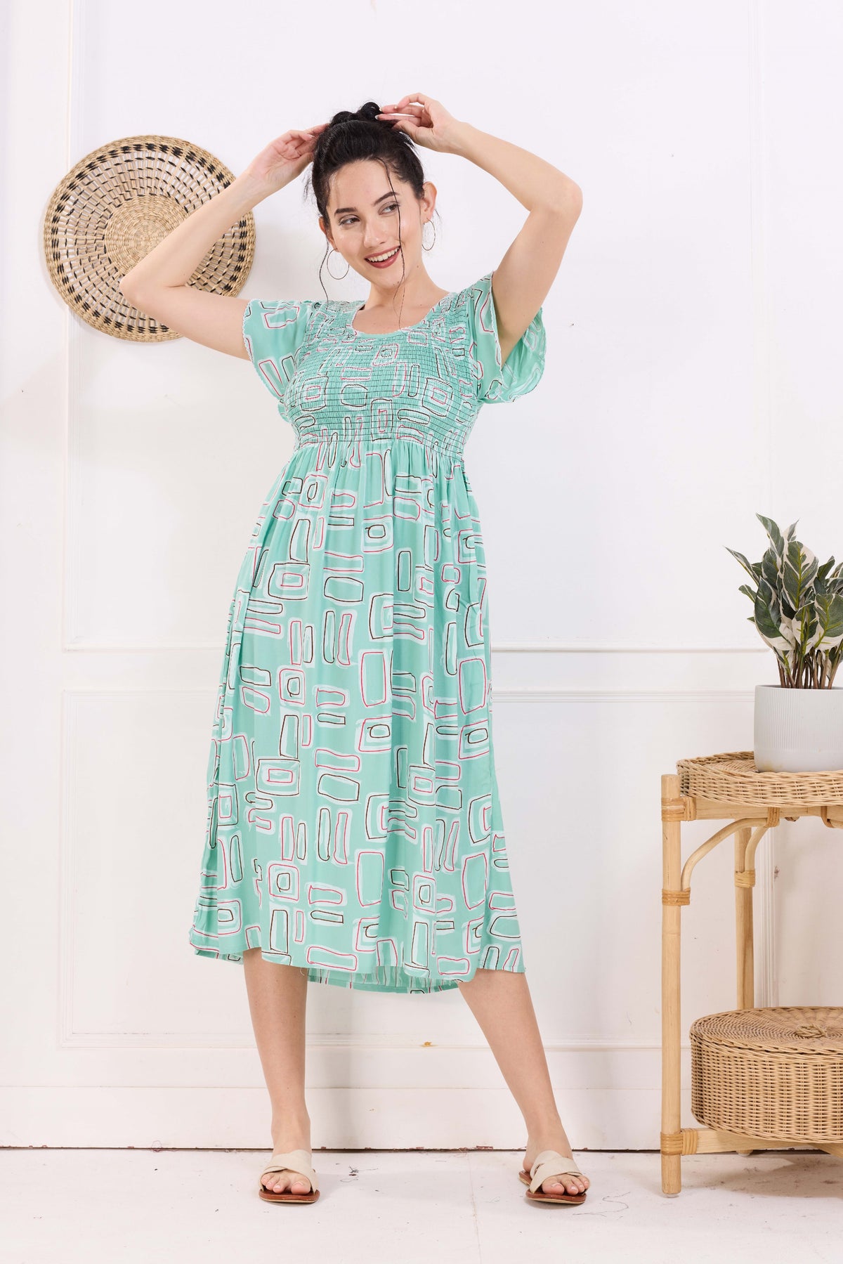 MANGAI Premium Rayon MAXI Frock Smocking Night Gown | Stretchable & Comfort Fit | Fancy Pleated Style with Side Pocket | Round Neck Nightwear for Stylish Women (SRM)