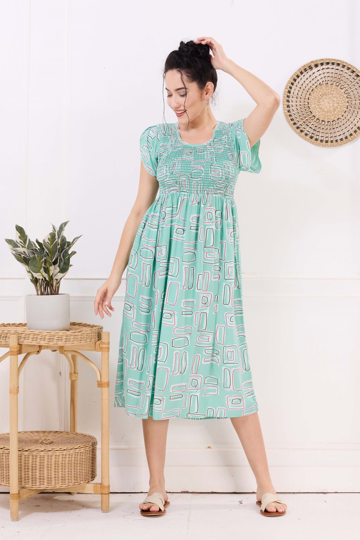 MANGAI Premium Rayon MAXI Frock Smocking Night Gown | Stretchable & Comfort Fit | Fancy Pleated Style with Side Pocket | Round Neck Nightwear for Stylish Women (SRM)