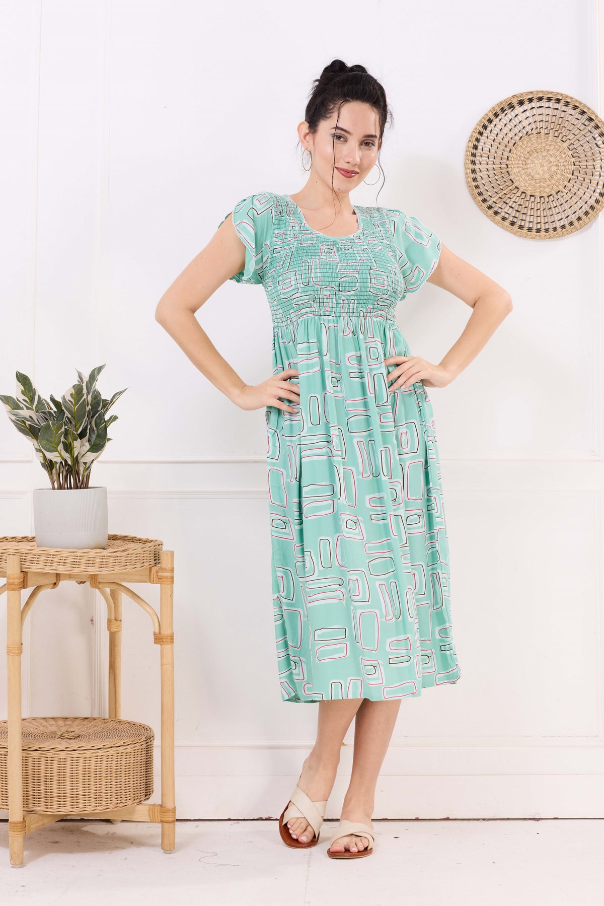 MANGAI Premium Rayon MAXI Frock Smocking Night Gown | Stretchable & Comfort Fit | Fancy Pleated Style with Side Pocket | Round Neck Nightwear for Stylish Women (SRM)