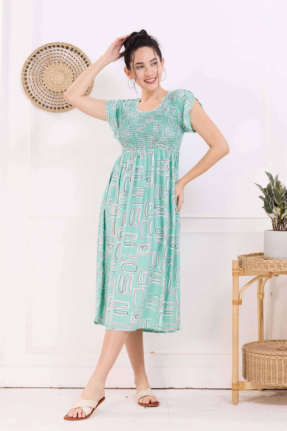 MANGAI Premium Rayon MAXI Frock Smocking Night Gown | Stretchable & Comfort Fit | Fancy Pleated Style with Side Pocket | Round Neck Nightwear for Stylish Women (SRM)