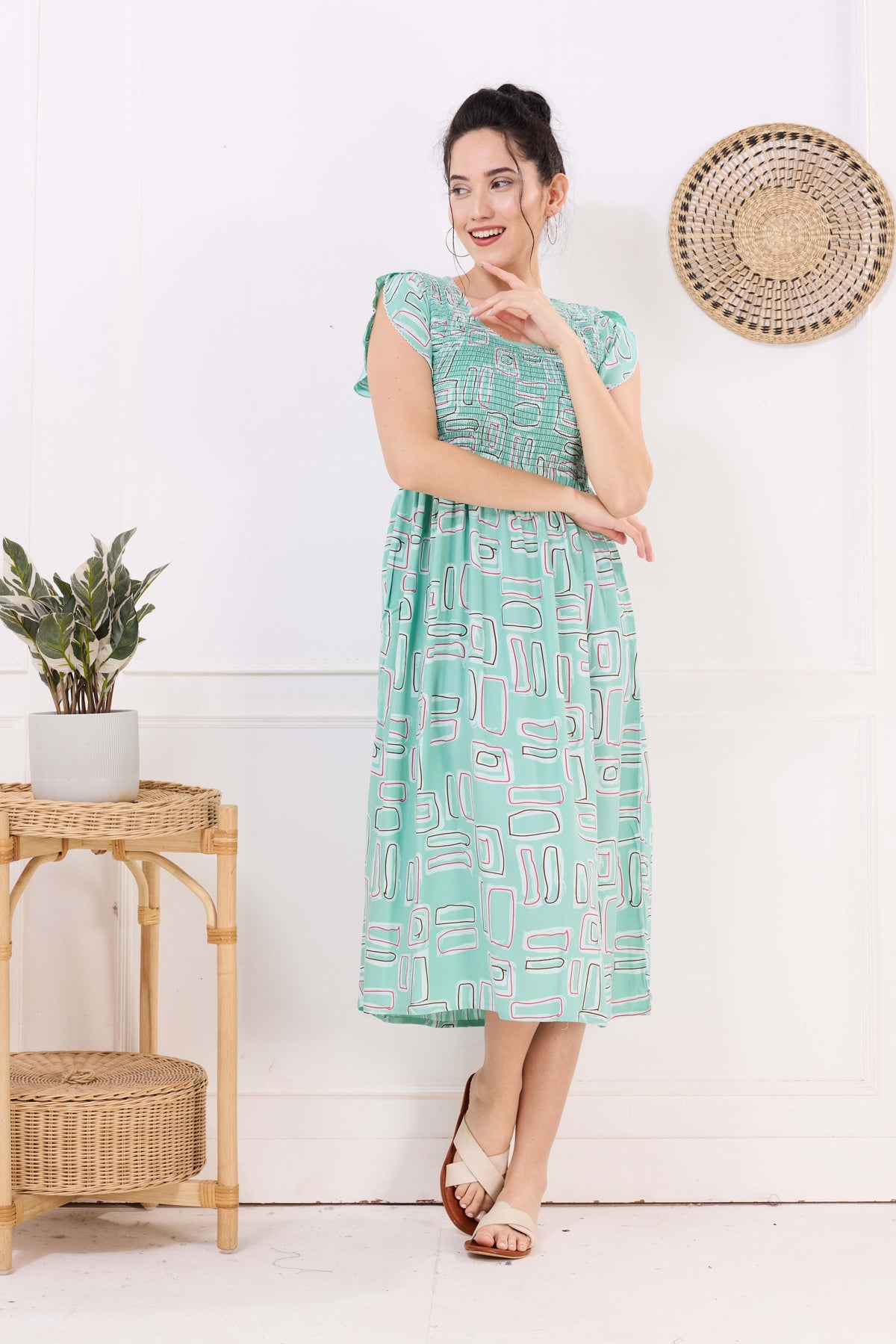 MANGAI Premium Rayon MAXI Frock Smocking Night Gown | Stretchable & Comfort Fit | Fancy Pleated Style with Side Pocket | Round Neck Nightwear for Stylish Women (SRM)