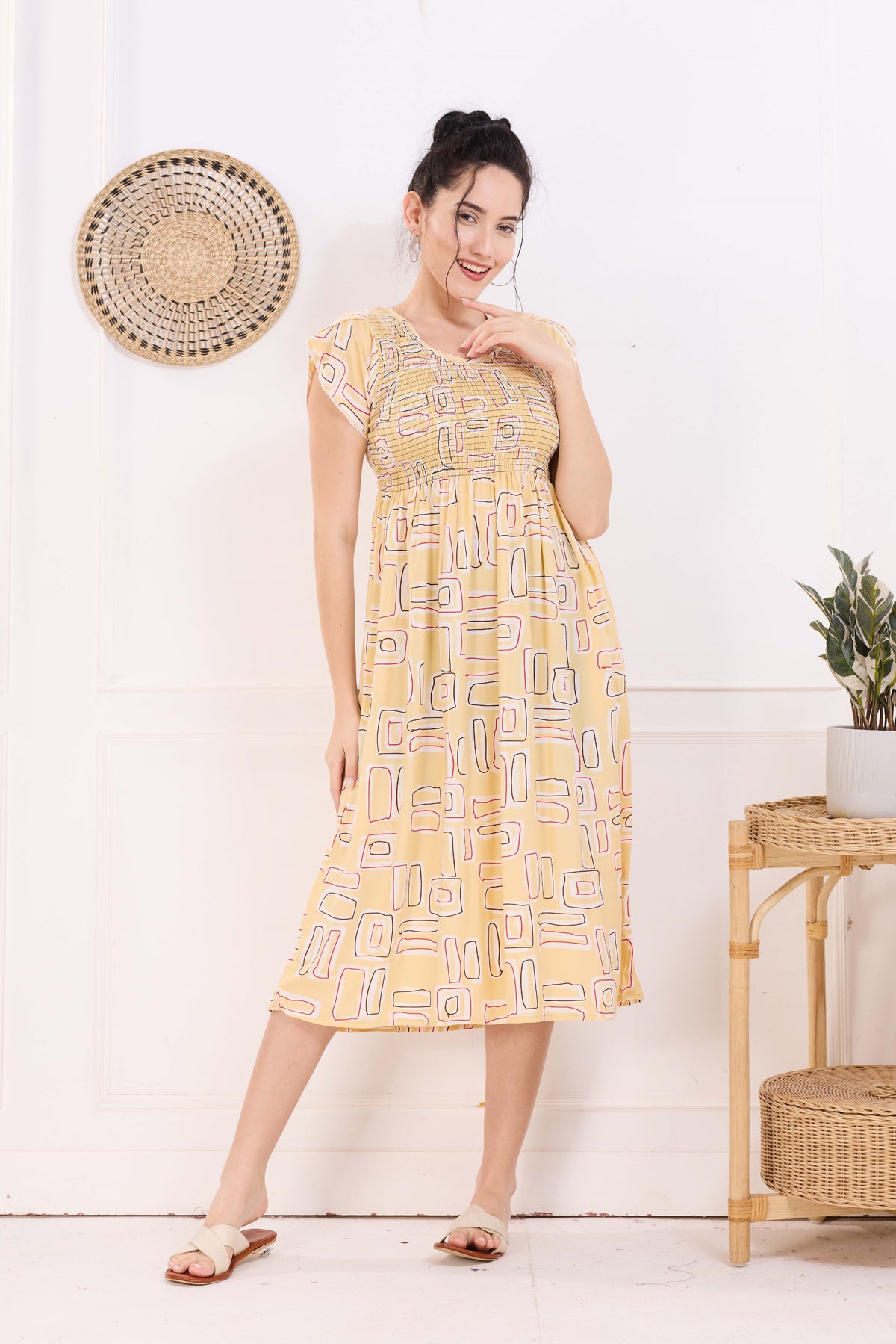 MANGAI Premium Rayon MAXI Frock Smocking Night Gown | Stretchable & Comfort Fit | Fancy Pleated Style with Side Pocket | Round Neck Nightwear for Stylish Women (SRM)