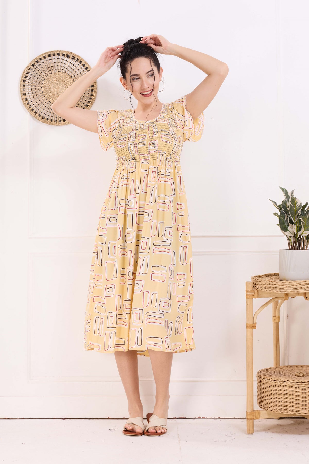 MANGAI Premium Rayon MAXI Frock Smocking Night Gown | Stretchable & Comfort Fit | Fancy Pleated Style with Side Pocket | Round Neck Nightwear for Stylish Women (SRM)