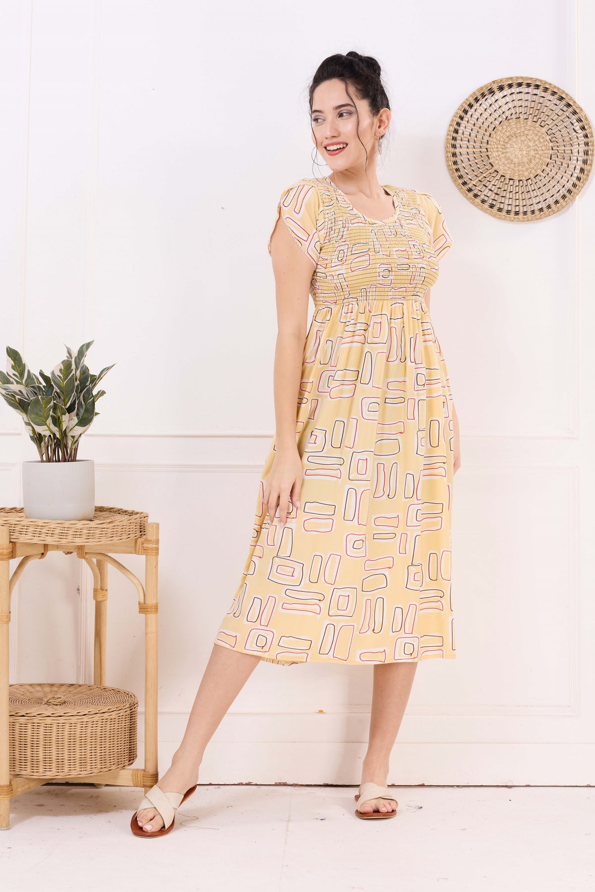 MANGAI Premium Rayon MAXI Frock Smocking Night Gown | Stretchable & Comfort Fit | Fancy Pleated Style with Side Pocket | Round Neck Nightwear for Stylish Women (SRM)