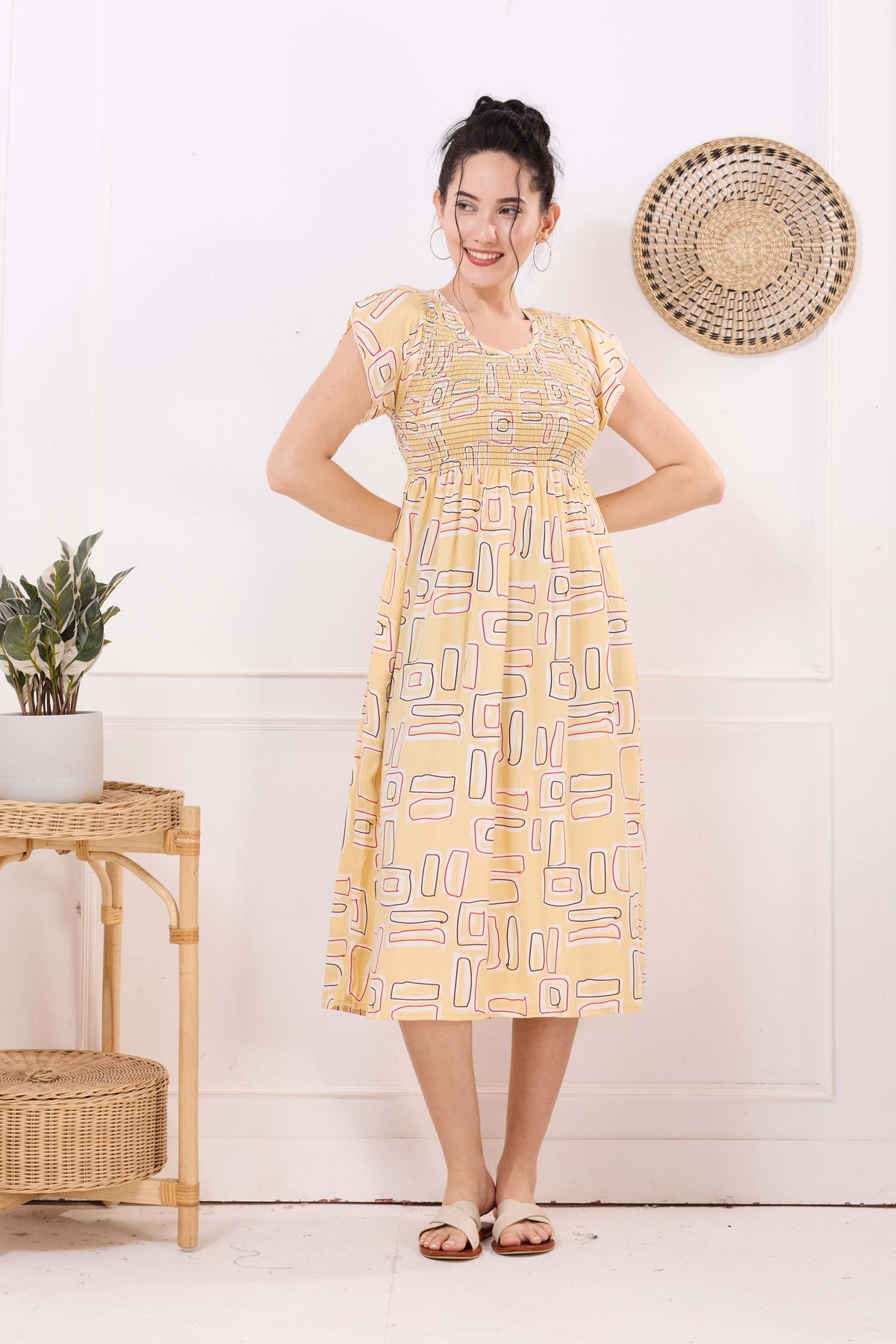 MANGAI Premium Rayon MAXI Frock Smocking Night Gown | Stretchable & Comfort Fit | Fancy Pleated Style with Side Pocket | Round Neck Nightwear for Stylish Women (SRM)