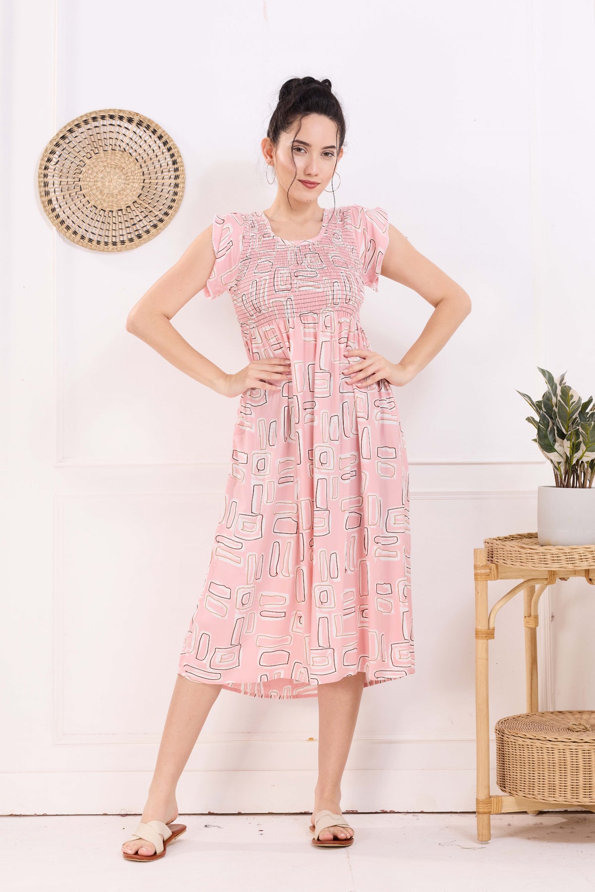 MANGAI Premium Rayon MAXI Frock Smocking Night Gown | Stretchable & Comfort Fit | Fancy Pleated Style with Side Pocket | Round Neck Nightwear for Stylish Women (SRM)