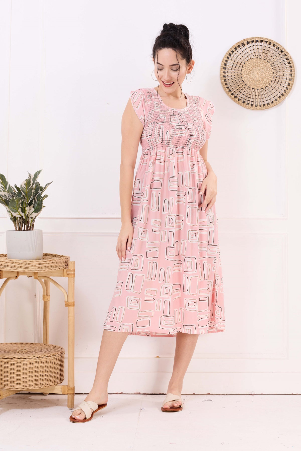 MANGAI Premium Rayon MAXI Frock Smocking Night Gown | Stretchable & Comfort Fit | Fancy Pleated Style with Side Pocket | Round Neck Nightwear for Stylish Women (SRM)